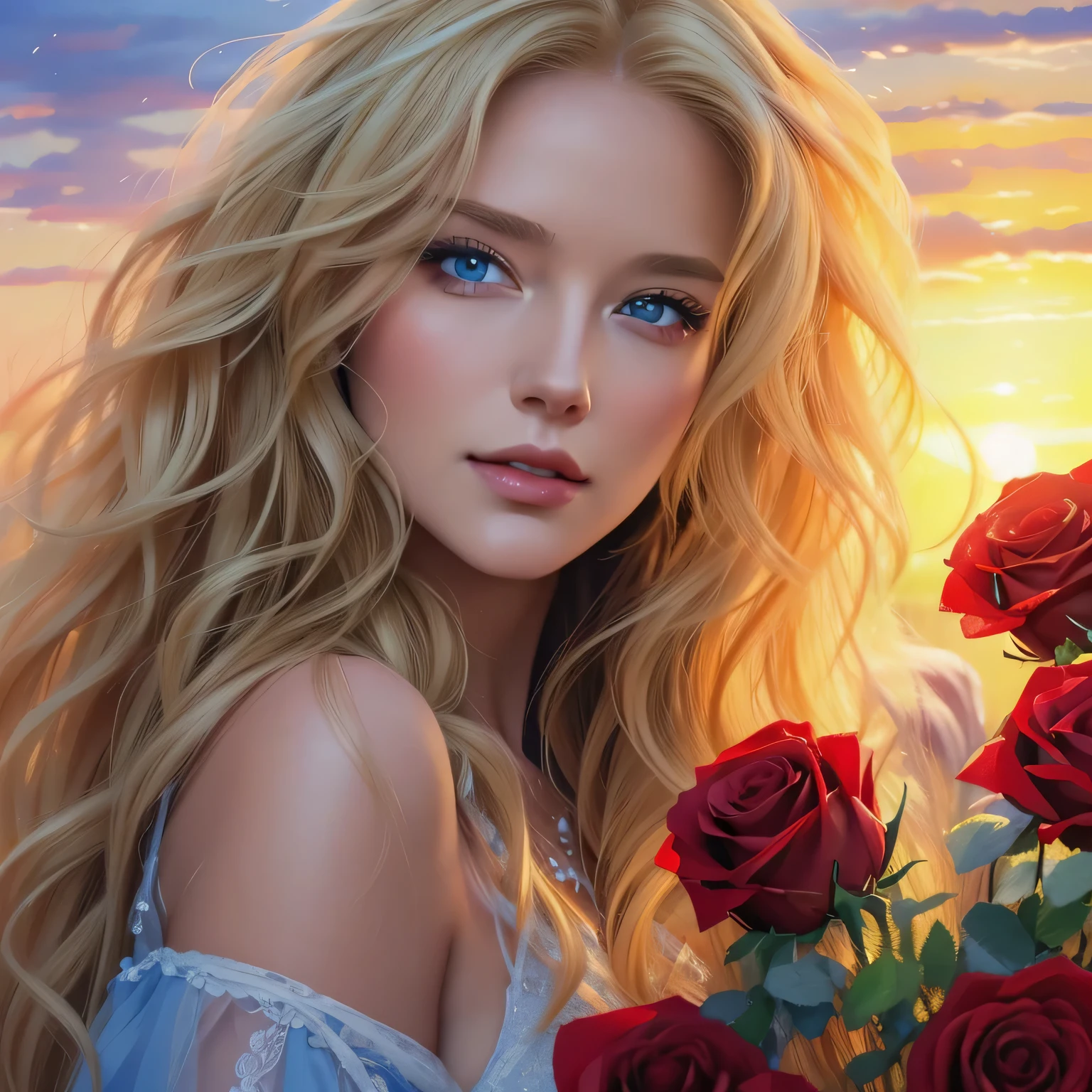Painting of a woman with long blonde hair and blue eyes, holding a bouquet of roses., Karol Buck, Beautiful art, UHD, beautiful digital art, detailed painting 4k, beautiful gorgeous digital art, beautiful digital painting, realistic digital art, realistic digital art, gorgeous digital painting, high detailed digital art
