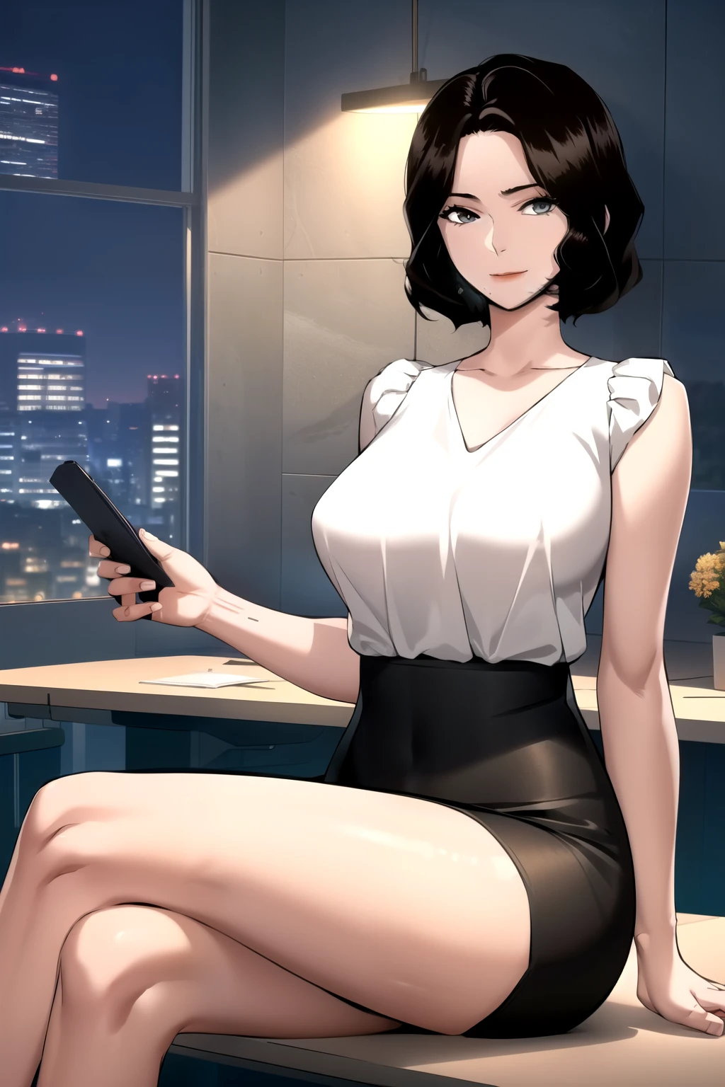 masterpiece, best quality, perfect anatomy, beautiful background, beautiful face, beautiful eyes, full body, shin jiye, 1girl, solo, smiling, sexy, short hair, large breasts, office lady, black hair, lying down on office table,wide hip, legs crossed, collarbone, mole, lips,short light black dress, mole under mouth, deep neckline, close up breasts, from side, looking at the viewer