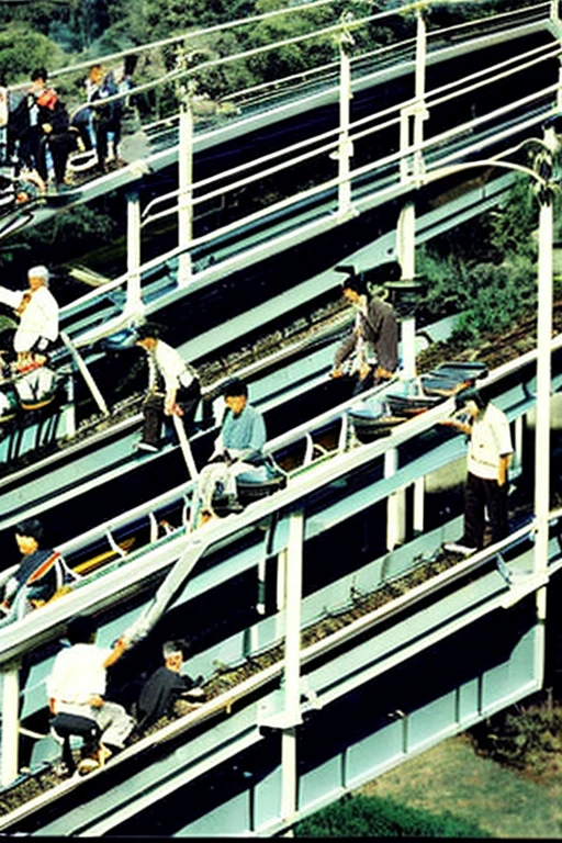 Shrimp planting on a roller coaster　Multiple Japanese men and women in their 80s　photograph