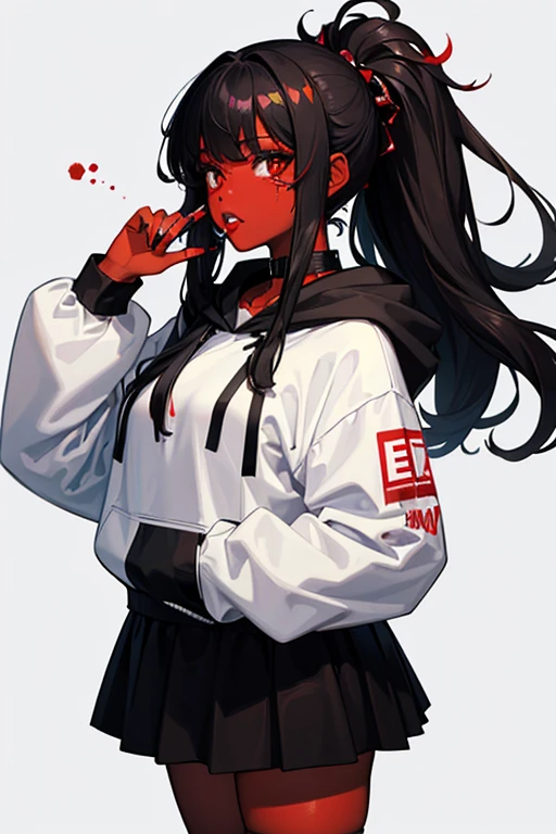 I am a black girl, I'm 5'3, wearing a white hoodie with blood splatters, a skirt, and a lot of accessories. I had long black hair that touched my feet, black-brown eyes that almost looked black, African American skin, a very feminine face with blood-red lip gloss and plump lips, and my nails were painted white.