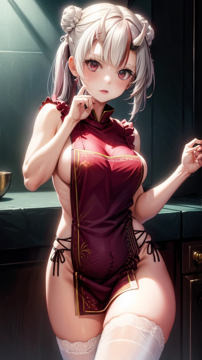 (masterpiece:1.3),(highly detailed:1.3),(highres:1.1),best quality,Ultra-detail,1girl,solo,kitchen,jelofolkwang,naked apron,((white apron)),ass,sideboob, unclear clothes , white pantie, ((perfect body)), salon,((take off pantie)), legwear ,hand pantie, ((perfect breast)), perfect face,slightly curved body,pink eyes