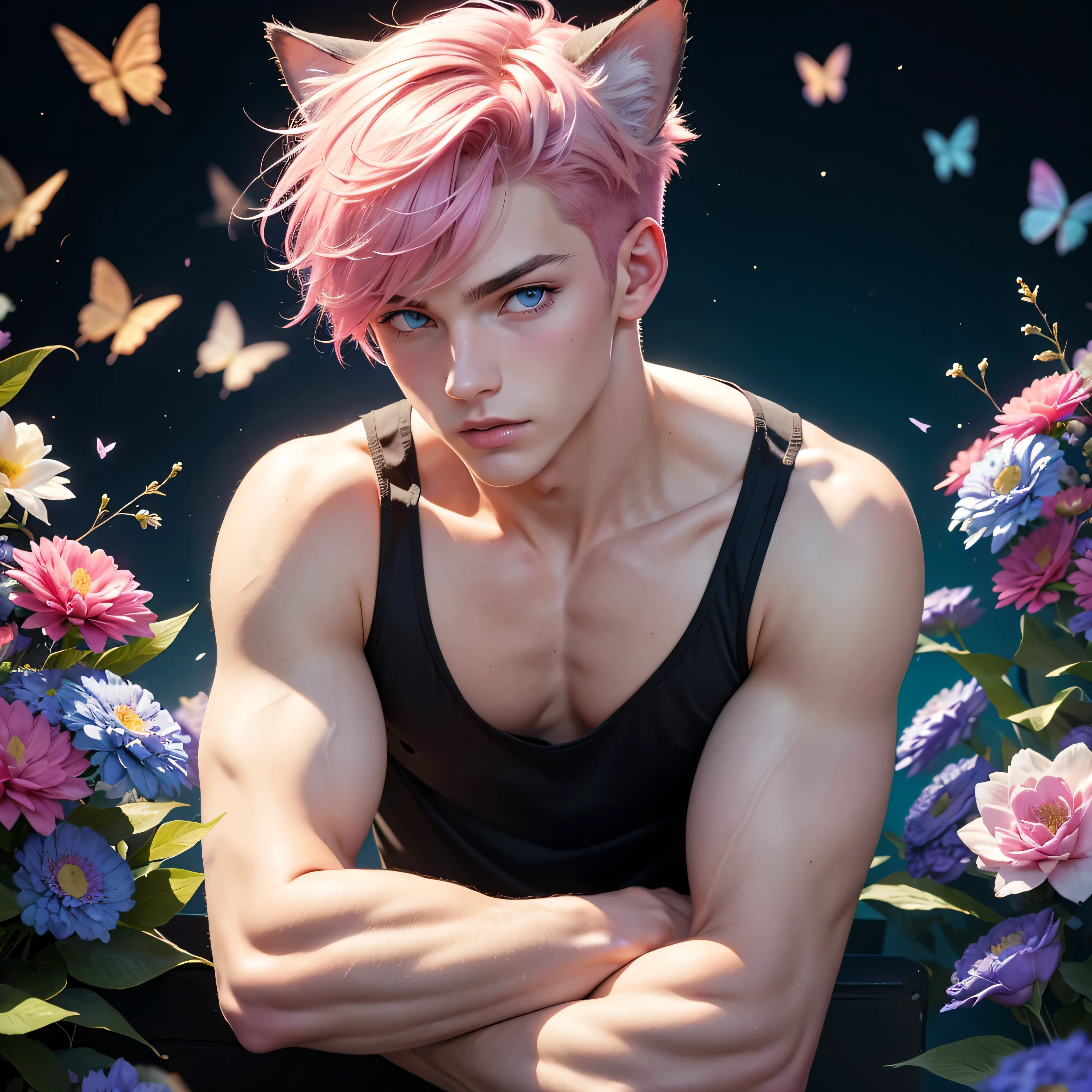 19 year old male,men,sexy men, sexy boy,sexy male,alone,pink hair,short hair,blue eyes,cat ears,tank top, sleeveless shirt,sexy pose,surrounded by flowers and butterflies of many colors,multicolor background, colorful background,face photo,perfil photo