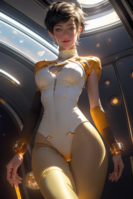(((pixie cut hairstyle))) elegant (steampunk) slender athletic woman in a (((Spacestation))) , (detailed face), 1 girl in shot, wide-angle, high angle, (nude), (Amber Heard: 1.6), blue eyes, (Natural Lighting), (Light ray tracing), (Soft Lighting:1.2), (wide angle), (Highres), (8K), full frame, (((Photo realistic))), ((detailed background)), (masterpiece, best quality, realistic, detailed:1.1), masterpiece, best quality, extremely detailed CG unity 8k wallpaper, ultra high res, professional photography, sharp focus, HDR, 8K resolution, intricate detail, sophisticated detail, (medium breasts:1.3), (Muscles:1.1), (Cameltoe:1.3), thigh gap