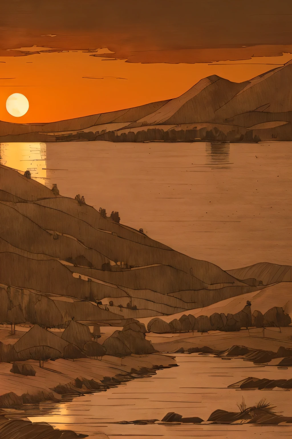 evening large moon, moon, stars, sketch, scenery, simple, warm orange evening, landscape,