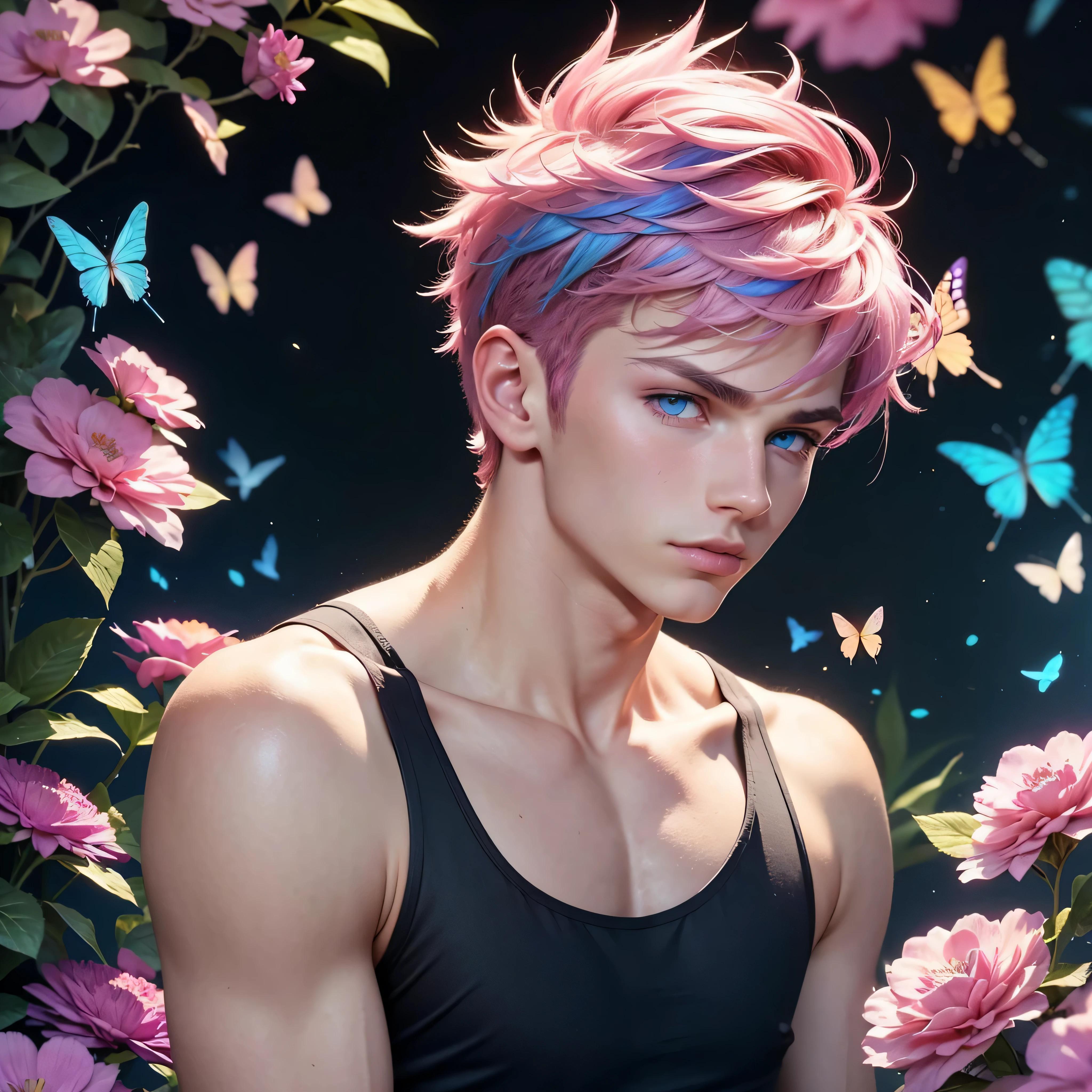 19 year old male,men,sexy men, sexy boy,sexy male,alone,pink hair,short hair,blue eyes,cat ears,tank top, sleeveless shirt,sexy pose,surrounded by flowers and butterflies of many colors,multicolor background, colorful background,face photo,perfil photo