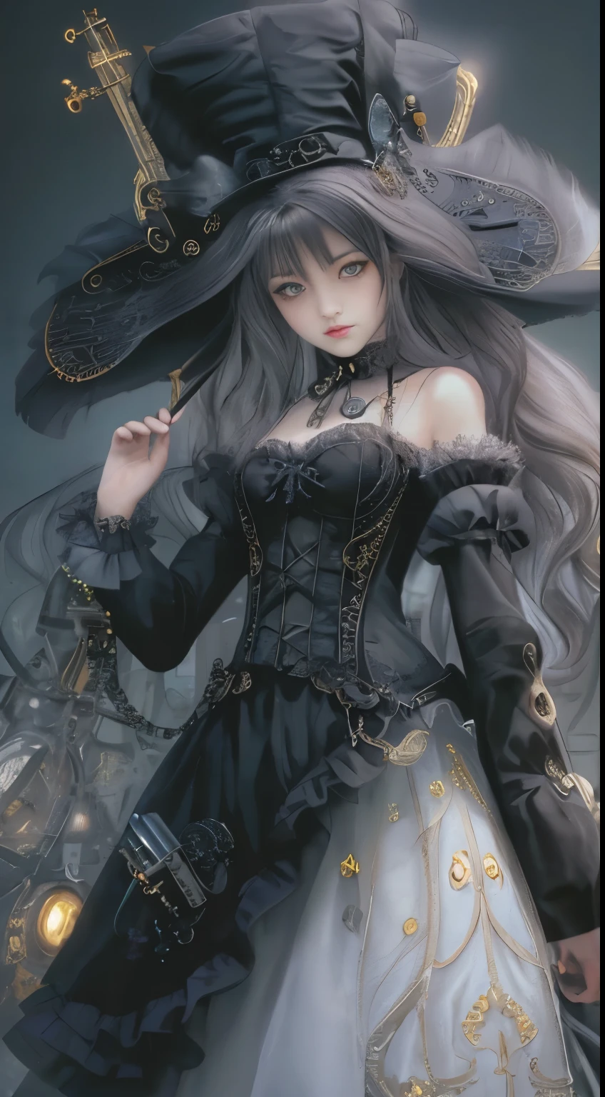 (((Masterpiece, top quality, ultra-detailed))), (((1 Infinity Mage Girl))), 14 years old, (((very detailed face))), small thin nose, small thin-lipped mouth, (((very sharp focused eyes))), very large slit precision pale grey eyes, sparkling like jewels, Very long eyelashes, Very thick fringes, long black hair in black vertical curls, cinematic lighting, ((Steampunk fashion, Gothic Lolita fashion)).