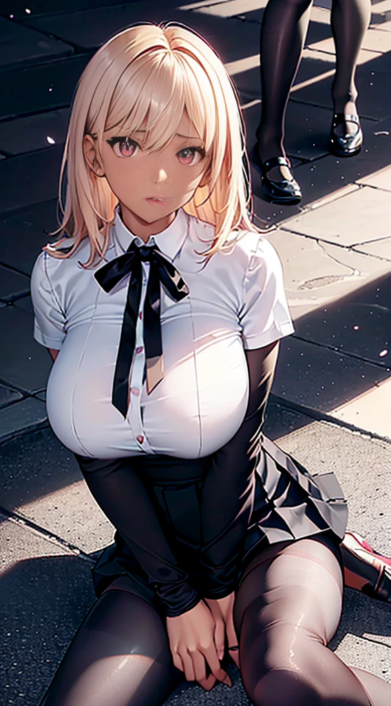 Photorealistic, One girl, masterpiece, highest quality, ((Side Shot)), ((View from between the legs:1.5)), slender girl with Hourglass-shaped body, alone, cute, cute, Annoyed girl, Shiny skin, ((dark brown skin:1.5)),((Girls wear , Short pleated skirt, White blouse, korean school uniform)),(Cleavage:0.5), sexy, A girl showing off her attractive breasts, ((Platinum Blonde Hair, Medium Hair)), Pink Eyes, Pink Orb, Fine grain, Beautiful Eyes, Delicate eyes, ((Hourglass-shaped body, sexy body)), Correct Anatomy, Correct limbs, ((Huge breasts:1.1)), Juicy lips, street, break((Black Pantyhose:1.5))