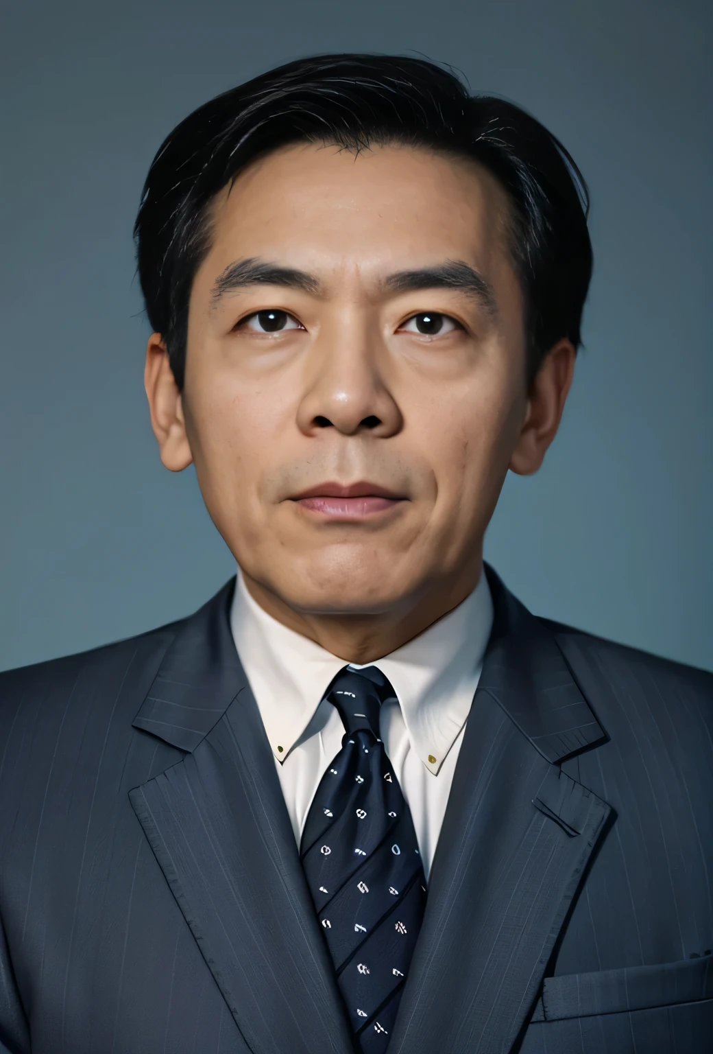 Highly realistic photo, ((masterpiece), (best quality), (raw photo), (photorealistic:1.4), Portrait of Vietnamese man, 65 years old, ((black hair)), ((black suit)), ((light blue background)), photo taken by Sony A7IV