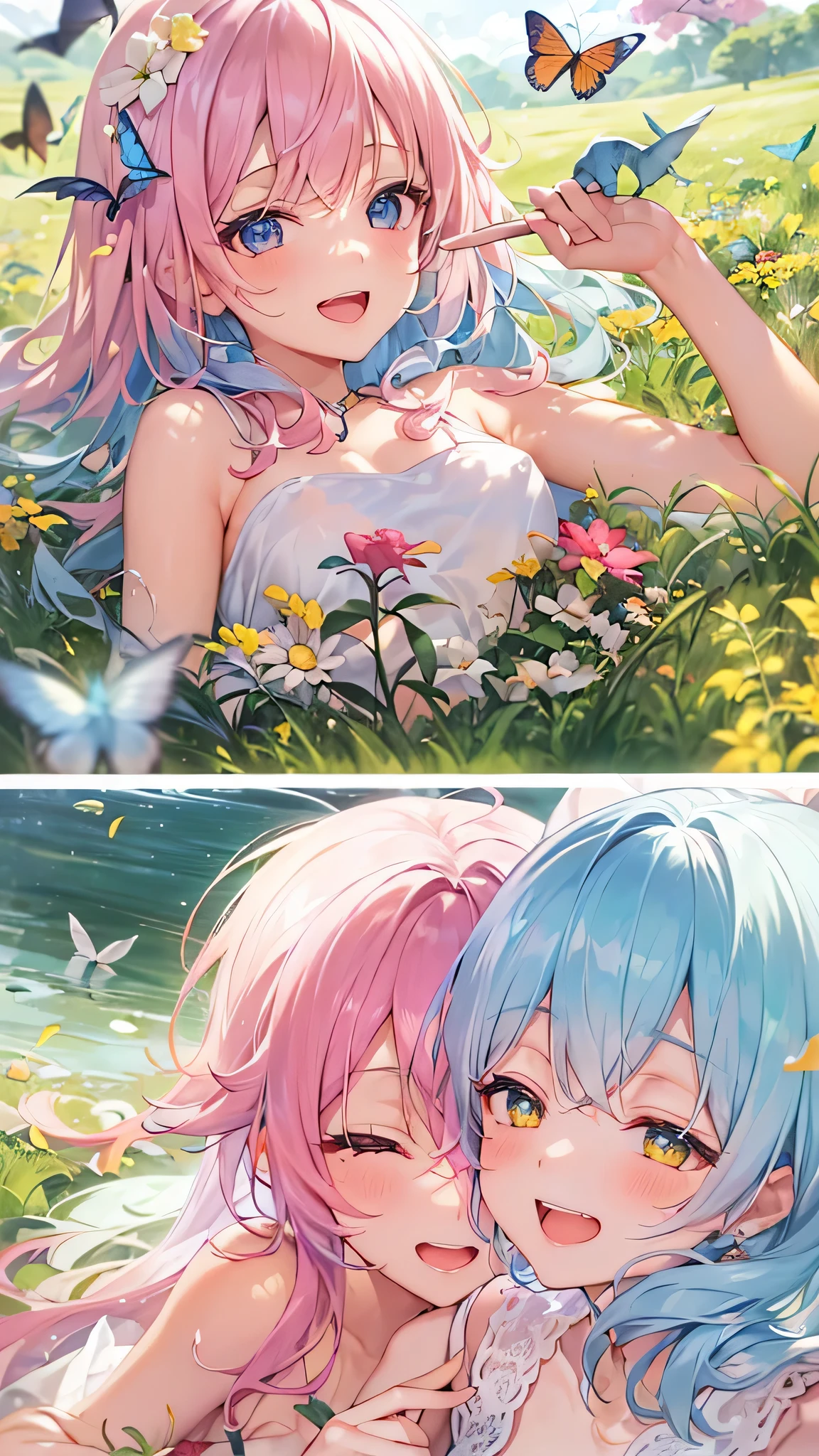 Two pure and innocent girls,、2 people(One with pink hair、1 Name Light Blue Hair)、Cute face、Beautiful Eyes、topless、Nipples、Natural beauty、Warm sunshine、Wildflowers swaying in the breeze々Surrounded by、Enjoying time in the fields。Butterflies and birds fly around her、Creates a playful atmosphere。