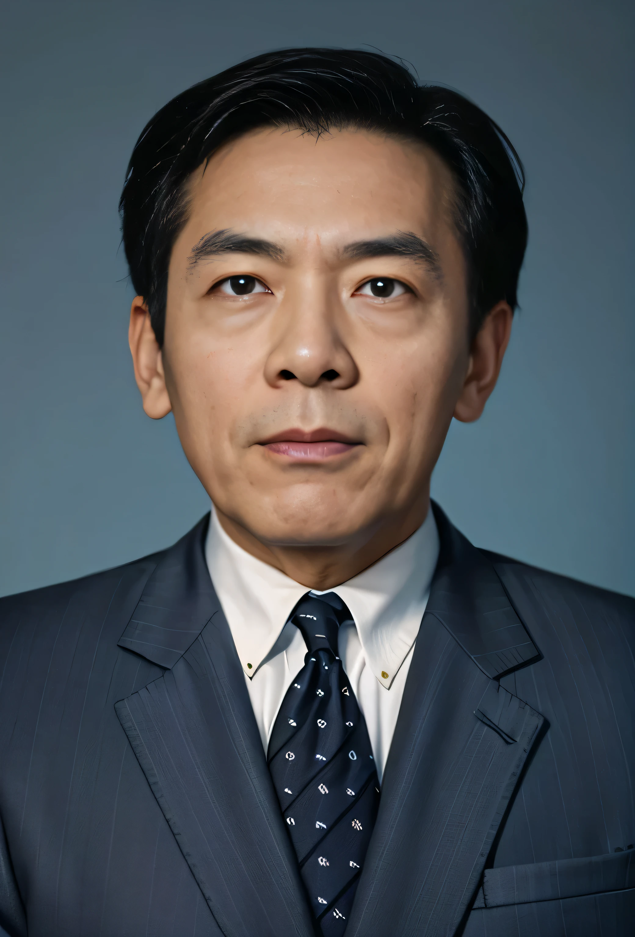 Highly realistic photo, ((masterpiece), (best quality), (raw photo), (photorealistic:1.4), Portrait of Vietnamese man, 65 years old, ((black hair)), ((black suit)), ((light blue background)), photo taken by Sony A7IV