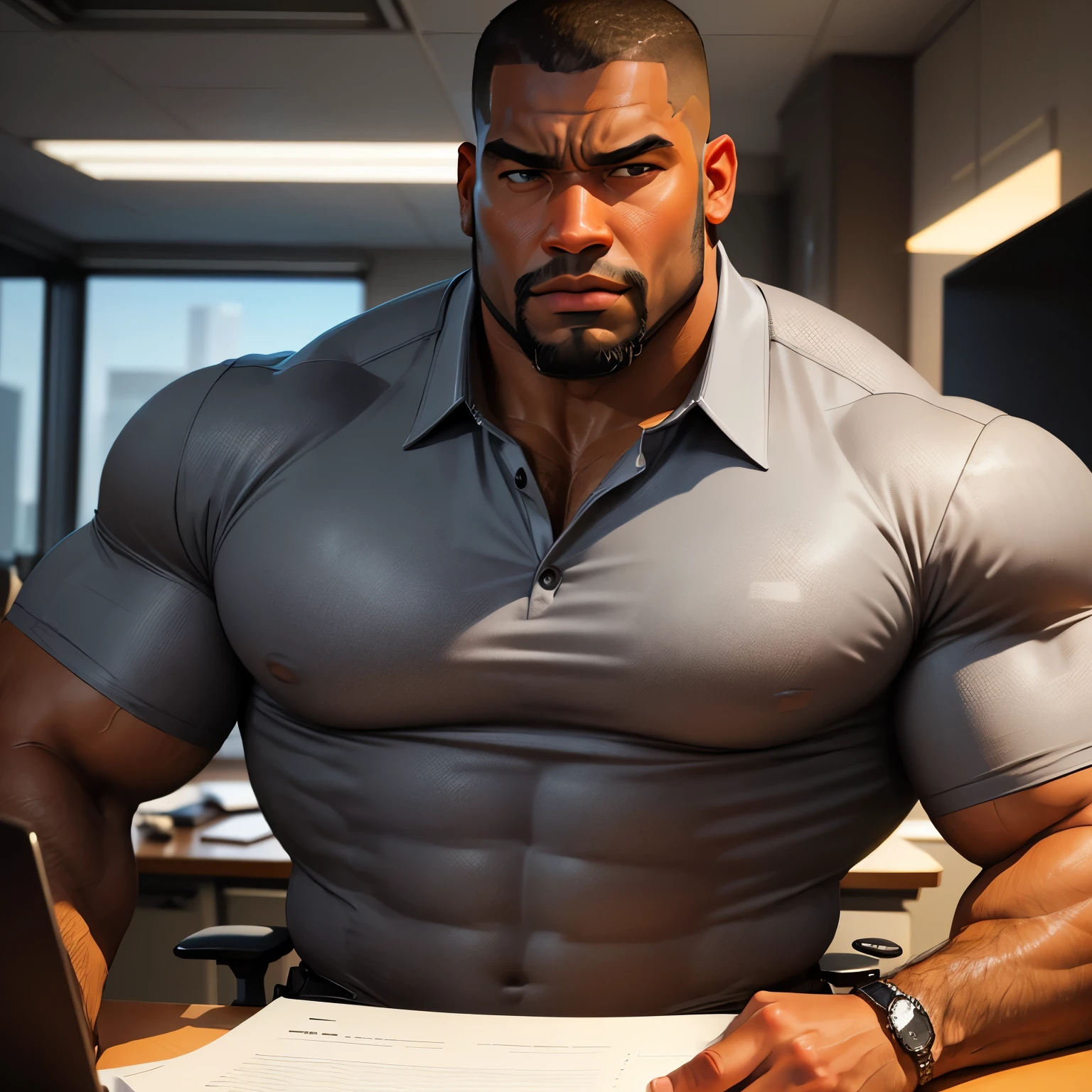 an exaggeratedly muscular and large bodyguard, beefy build, beard, dark-skinned african american male, buzzcut hair with square line, (doubtful expression: 1.2), (wearing collared tight grey business shirt: 1.2), barely buttoned, small name tag on shirt, (bara pecs: 1.3), (arm and chest hair: 1.1), sitting in office chair, big legs, bulge in pants, close-up portrait HD, (fancy office interior with large windows)