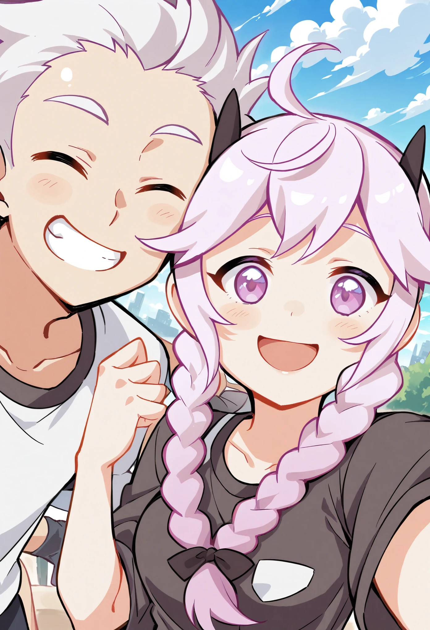 Selfie of a boy and a girl, smiling face, Double pigtail braids