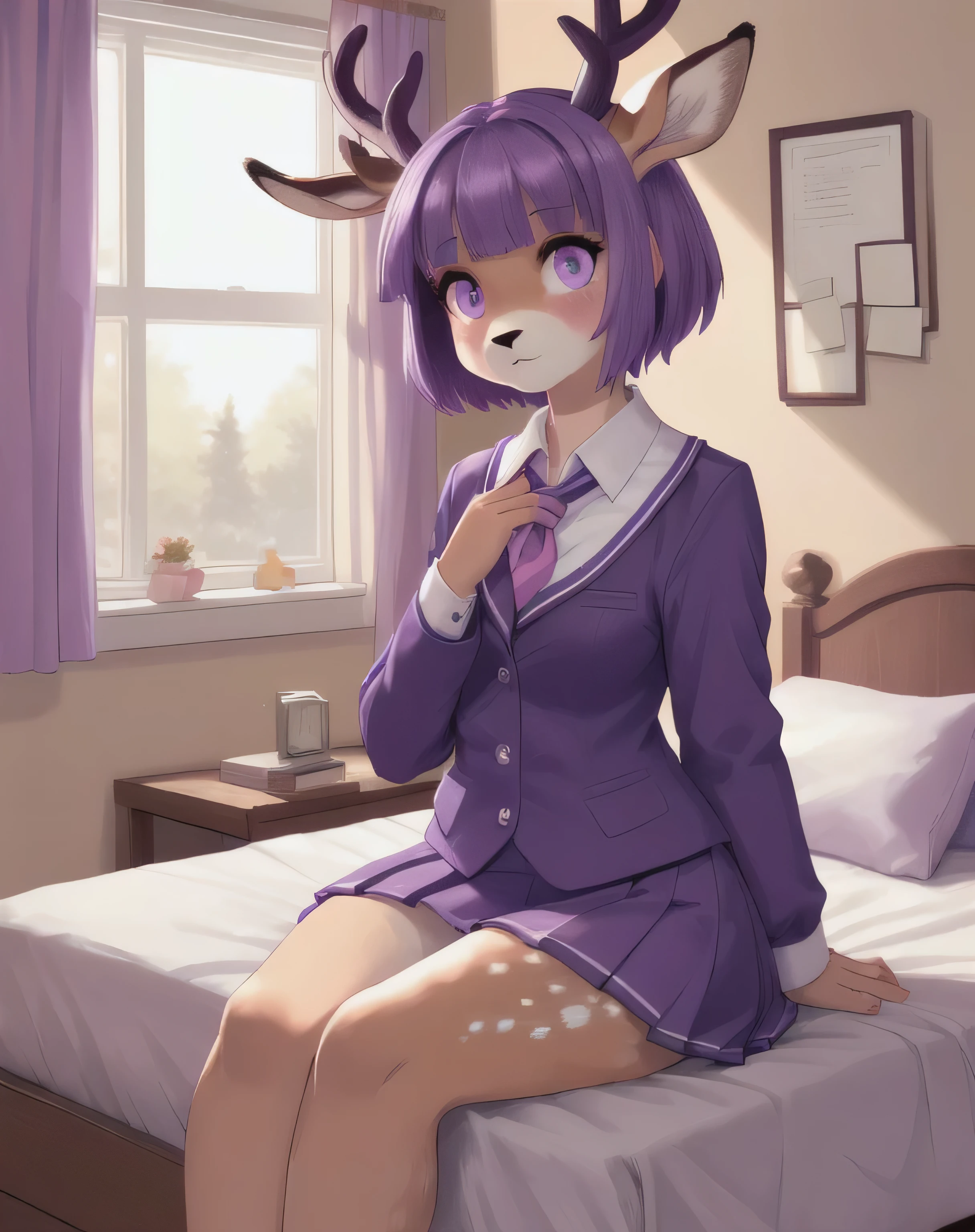 1girl, (Feminine), curvy body, solo, masterpiece, room, bed, scenery, (deer girl:1.2), deer, short purple hair, purple eyes, (wearing high school uniform), ((high colors))