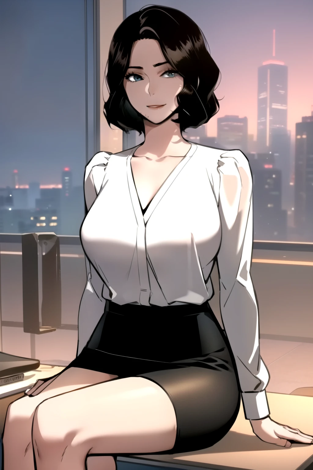 masterpiece, best quality, perfect anatomy, beautiful background, beautiful face, beautiful eyes, full body, shin jiye, 1girl, solo, smiling, sexy, short hair, large breasts, office lady, black hair, lying down on office table,wide hip, legs crossed, collarbone, mole, lips, short tight black skirt, light white shirt, mole under mouth, deep neckline, close up breasts, from side, looking at the viewer