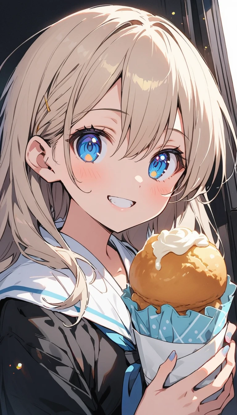 1 girl、(Eating cream puffs)、(Happy Eyes: 1.8) (blue eyes: 1.5) (I&#39;m looking forward to: 1.5)、(highest quality、masterpiece、High resolution、detailed)animeスタイル、flat style、(Shining Eyes、detailed美しい顔),  BREAK,anime