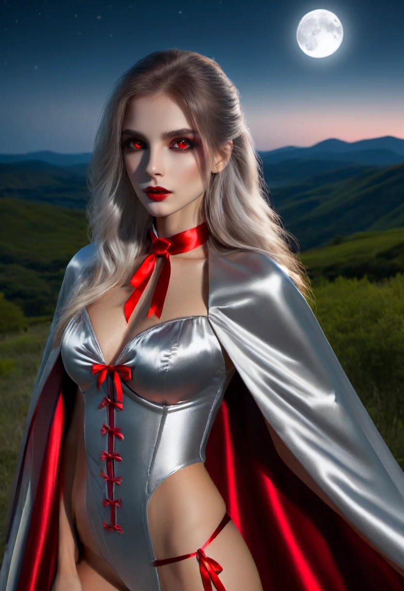 Vampyfangs(RAW Photo) , (highly detailed:1.20) , ultra realistic :1.10) ,sexy girl in her 20s , (perfect face:1.20) , (detailed red eyes:1.20) , with long silver hair in ponytail , (((long silver satin cape tied at the neck with a ribbon :1.20))) , naked  , full body, standing on windy hilltop at night , full moon , high-quality ultra realistic style, detailed eyes, professional, expressive , 8K , highly detailed , professional,