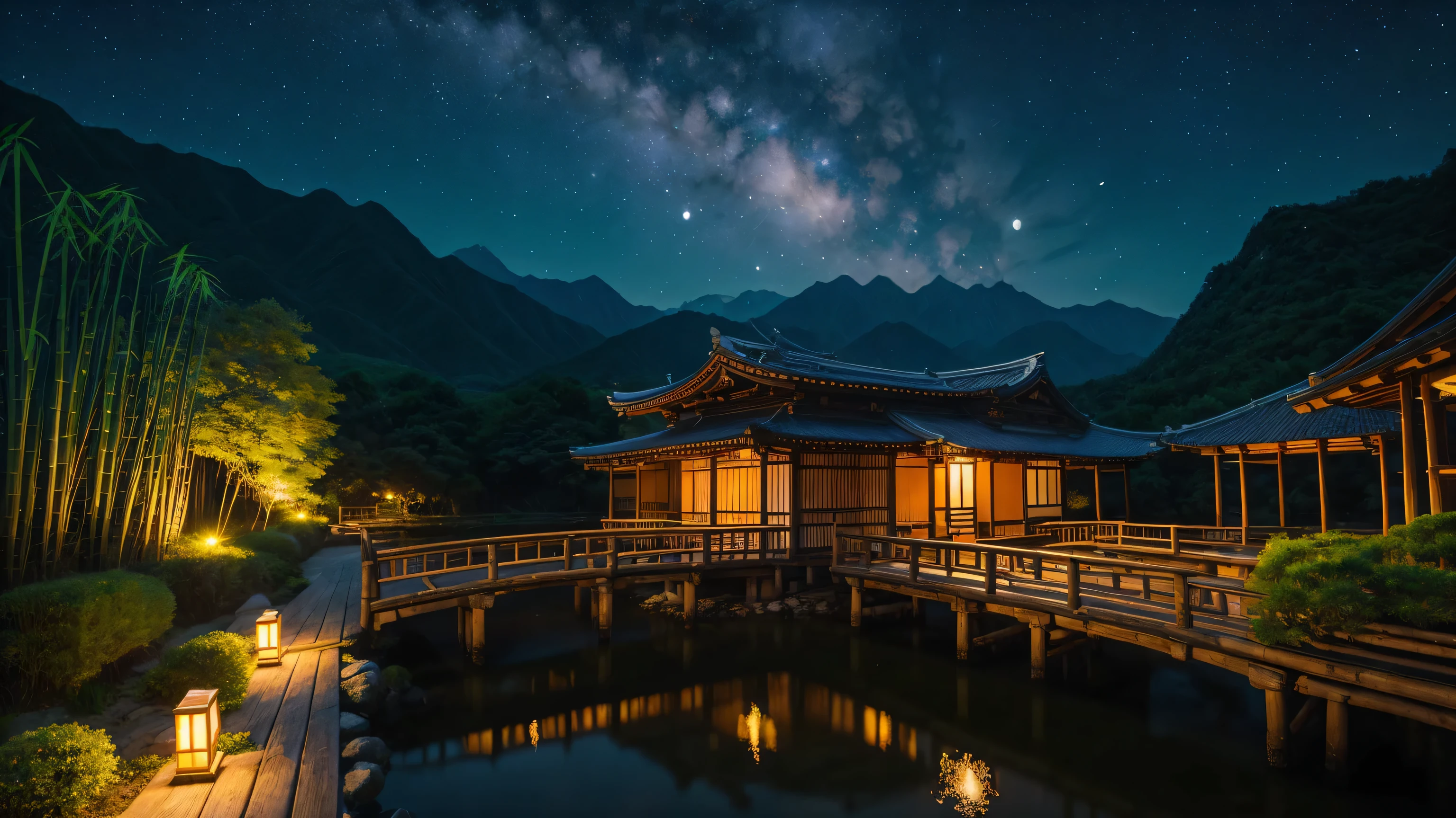 Masterpiece, a little bamboo forest , a girl. an 18-year-old beautiful girl wearing a kimono, a starry sky,, the moon, a night view, a simple small old folk house in the center, mountains, a river, a bridge, a fantastic valley in the back, magical world, colorful and detailed dreamscape, beautiful flowers