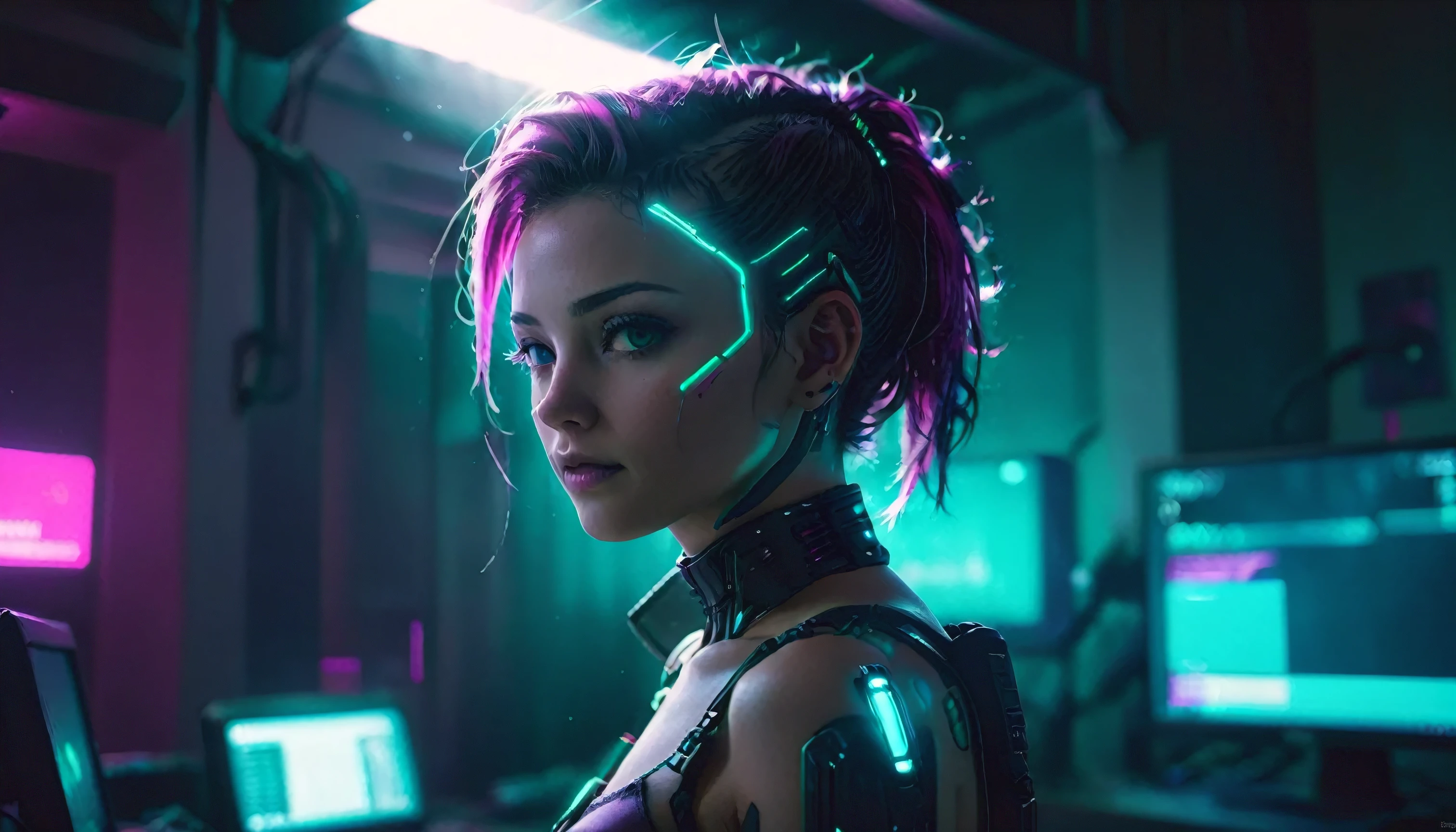 Just staying at home and playing Cyberpunk on the computer, Teal color grading with magenta highlights, Photo portrait, movie, Studio Lighting, Detailed skin, Ultra-realistic, Bokeh, Sharp features, 4K, Backlight, silhouette, Popularity, (God&#39;s Rays:2) 