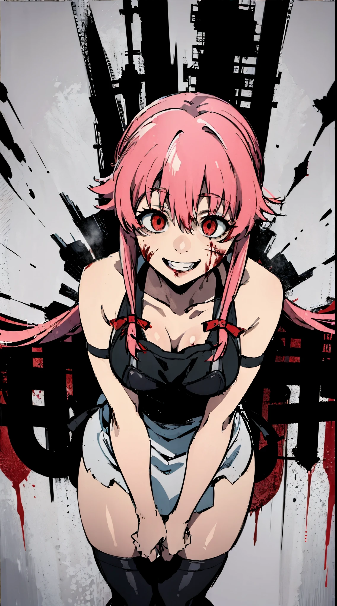 a horror movie poster of yuno gasai wearing an apron stained in blood and she as a sinister look and she has a crazed smile, the apron is stained in blood and her (large breasts:1.5) are exposed and she's also wearing black thigh highs and a black gothic choker,and the posters title is ((psycho)), and her eyes are red, (shaded face:1.1), ((crazy expression:1.7)), movie poster, ((crazy smile:1.5))