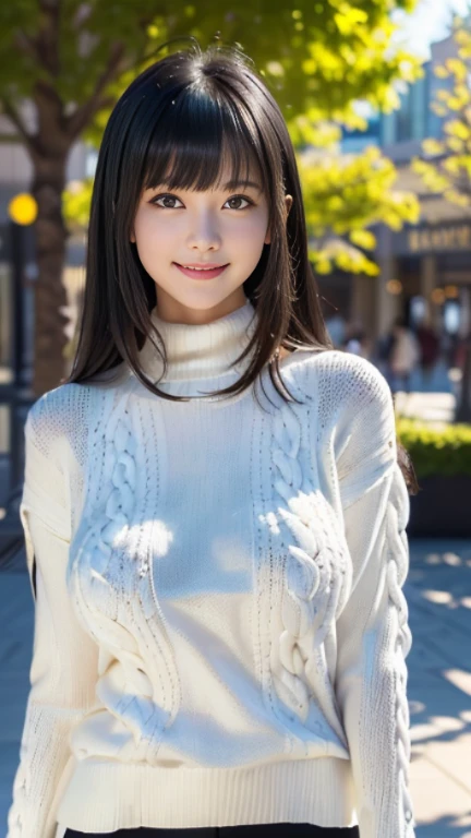 ♥full body,(elegant white knit long sweater),((1girl,cute,young,semi long beautiful black hair,blunt bangs,beautiful eyes,medium boobs)),beautiful shopping mall,flowers,trees,blue sky,(solo), ((realistic:1.5,Beautiful girl RAW photo)),(looking at the viewer), innocent smile,cinematic lighting and pause,