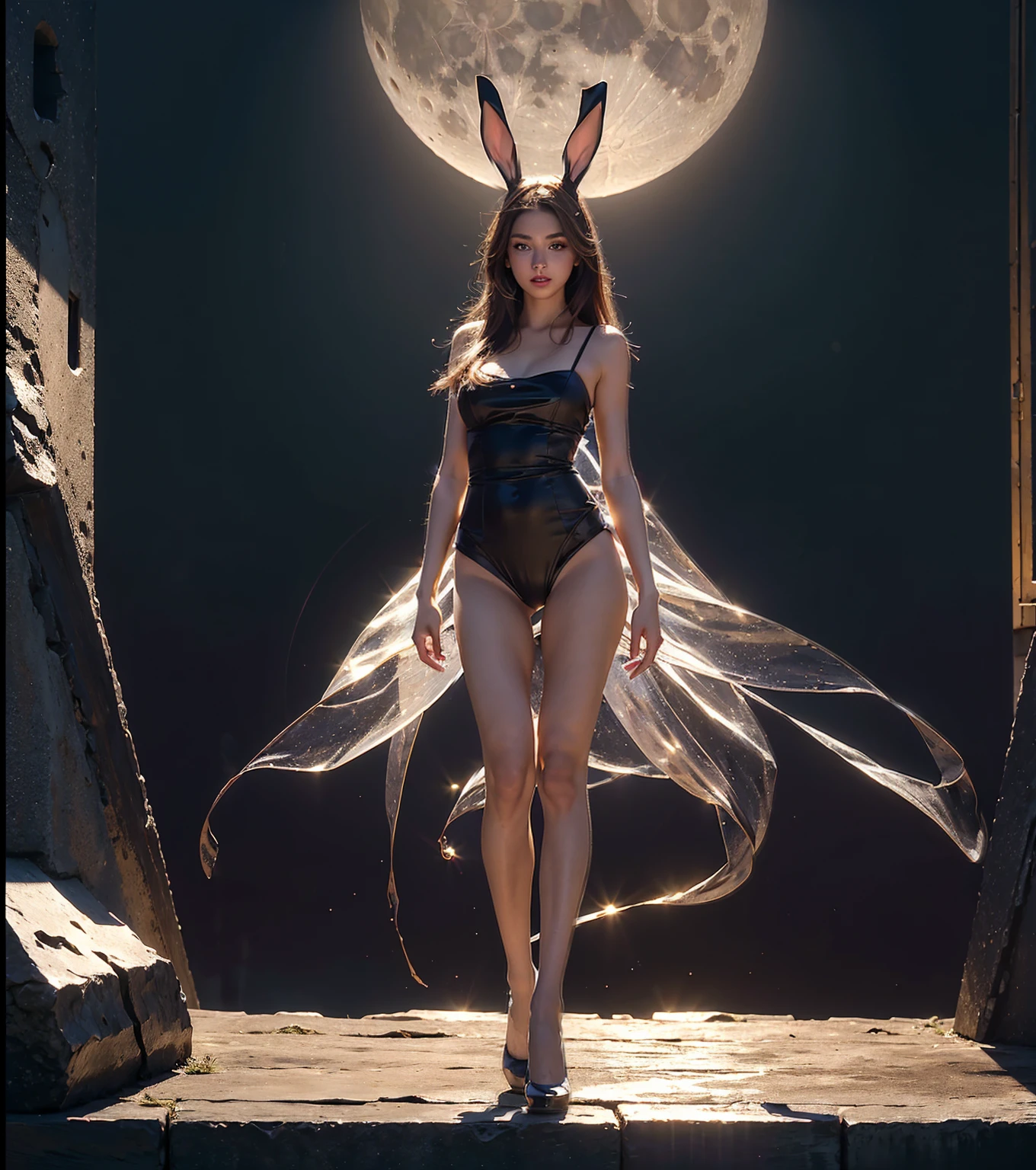 (bunny girl ,watching the moon on the terrace:1.2), bunny outfit, slim, full body, beautiful figure, shiny skin, Ultra-detailed face, Detailed eyes, lustrous lips , (Professional lighting, in the dark, deep shadow, cold light, night) ,(official art, unity 8k wallpaper, ultra detailed, beautiful and aesthetic, masterpiece ,best quality, photorealistic:1.3),