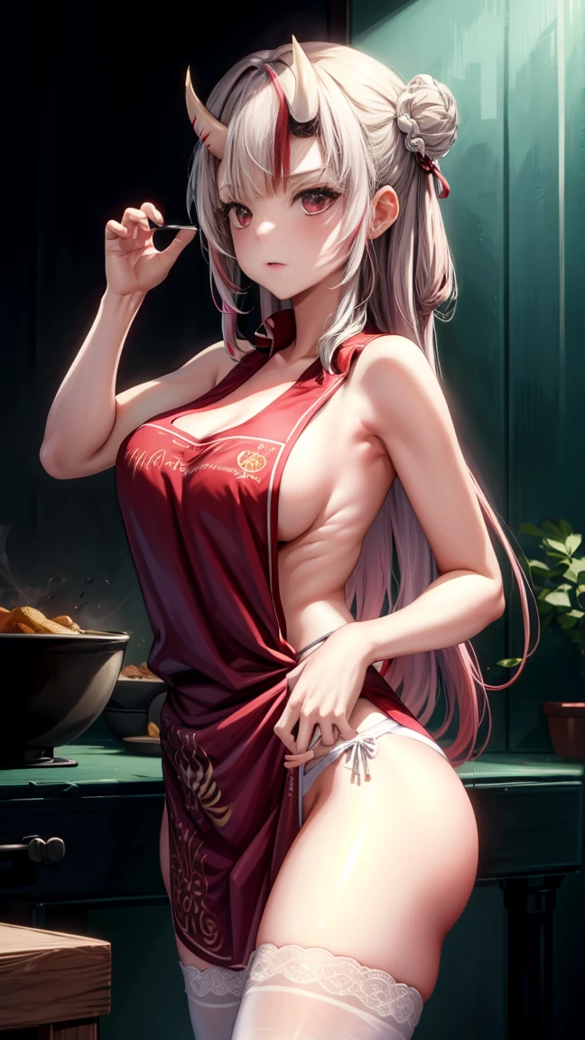 (masterpiece:1.3),(highly detailed:1.3),(highres:1.1),best quality,Ultra-detail,1girl,solo,kitchen,jelofolkwang,naked apron,((white apron)),ass,sideboob, unclear clothes , white pantie, ((perfect body)), salon,((take off pantie)), legwear ,hand pantie, ((perfect breast)), perfect face,slightly curved body,pink eyes