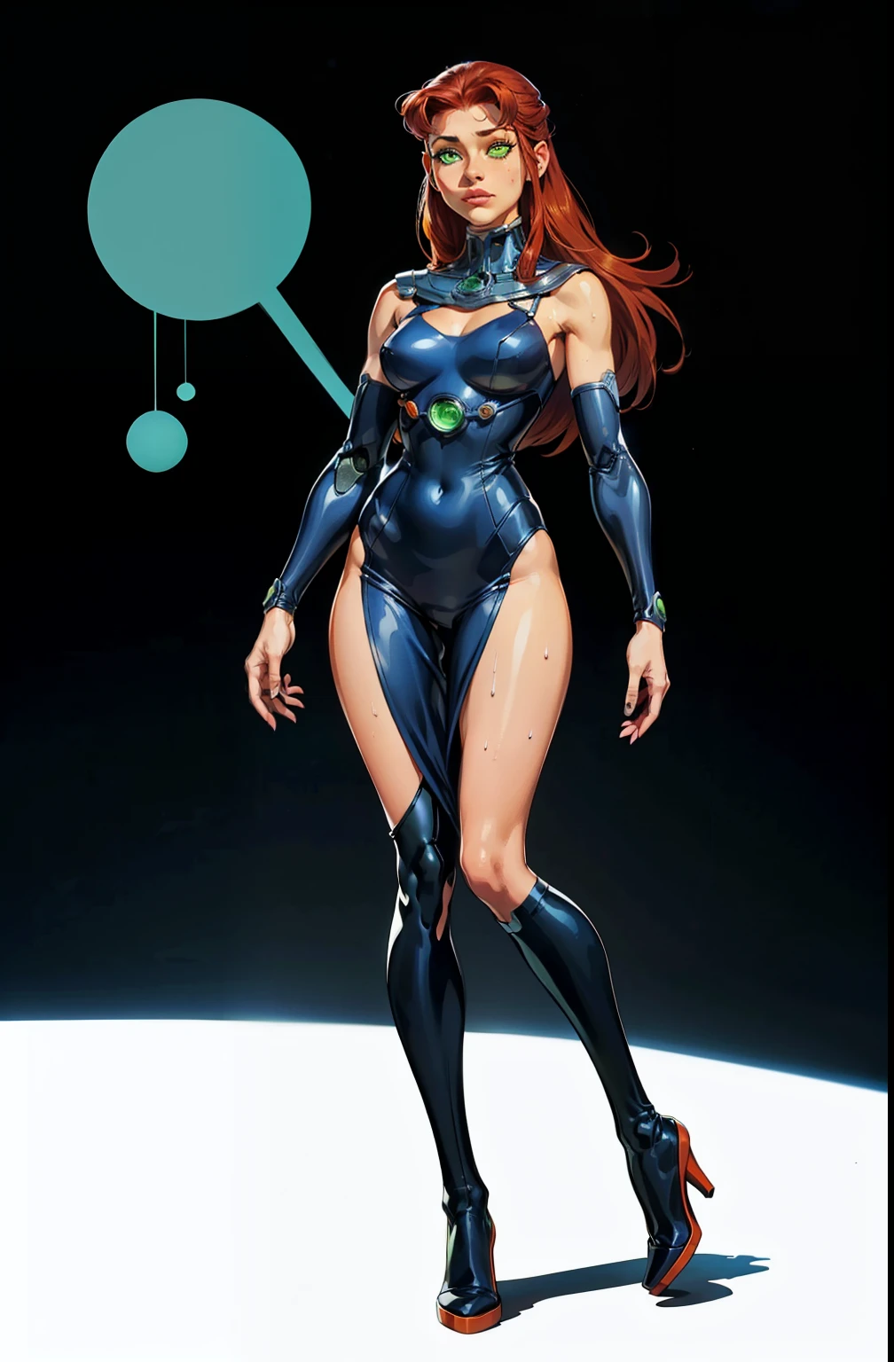 full body, standing on her feet, futuristic background, sexy appearance, starfire, red hair, ((orange skin)), ((wide hips)), gigantic breasts, narrow waist, breasts together, cleavage, makeup, (purple swimsuit), mascara, long hair, beautiful eyes, large iris, ((green eyes)), Lips are soft or colored, simple black background, simple color palettes, clean, Crisp drawings, fluid silhouettes,purple vintage futuristic swimsuit, retro futurism, retro futurism, Asymmetric, geometric, Different designs, simple silhouettes, Technology style, future, high fashion, Simplicity and sophistication, sexy, slim, short purple outfit, sexy, Erotic, cleavage, youthful appearance, sweaty, in a robot, Evangelion purple