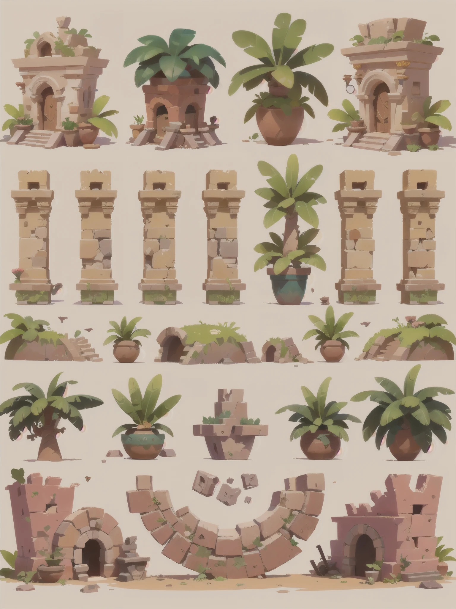 a set of cartoon stone and stone planters with plants, ancient ruins background, game assets, 2 d game assets, detailed game art, video game assets, background art, game asset, ancient ruins, art nouveau jungle environment, environment design illustration, ornate borders + concept art, game asset of plant and tree, jungle background with ruins, stylized game art