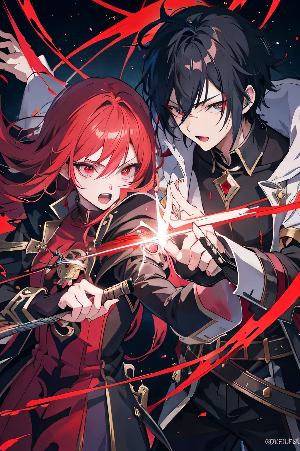 Anime boy fights with Vampire., shadow young wizard, Epic anime style, anime key artโดยละเอียด, Shadowverse style, Fantasy style anime, Demon Man, anime key art, conjunctivitis, black hair, chief'uniform,Fencing, and a woman with red hair