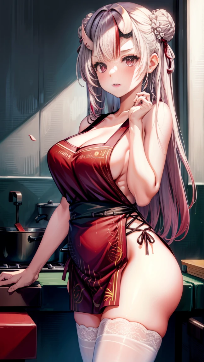 (masterpiece:1.3),(highly detailed:1.3),(highres:1.1),best quality,Ultra-detail,1girl,solo,kitchen,jelofolkwang,naked apron,((white apron)),ass,sideboob, unclear clothes , white pantie, ((perfect body)), salon,((take off pantie)), legwear ,hand pantie, ((perfect breast)), perfect face,slightly curved body,pink eyes