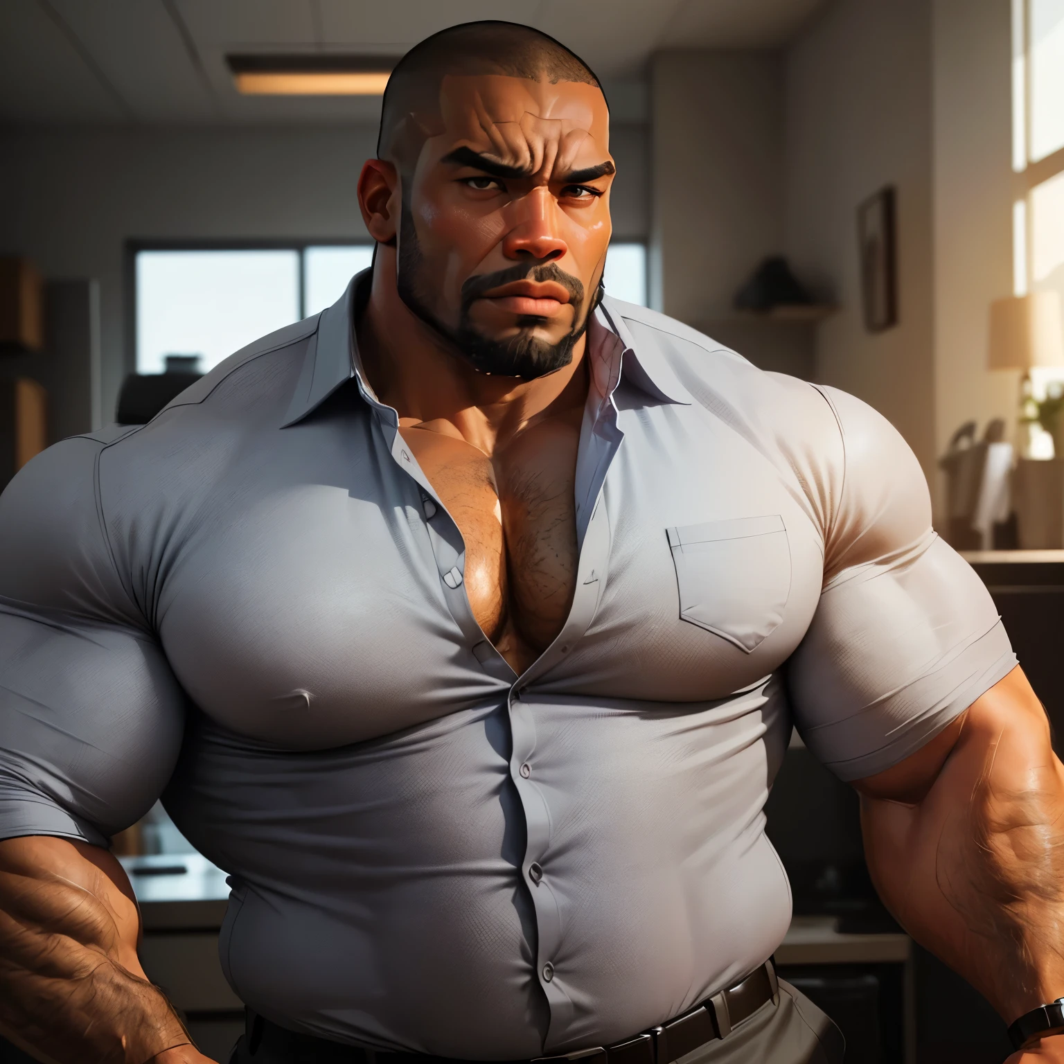 an exaggeratedly muscular and large bodyguard, beefy build, beard, dark-skinned african american male, buzzcut hair with square line, (exhausted expression: 1.2), (wearing unbuttoned tight grey business shirt: 1.2), open shirt, small name tag on shirt, (bara pecs: 1.3), (arm and chest hair: 1.1), close-up portrait HD, (grungy cluttered apartment interior)