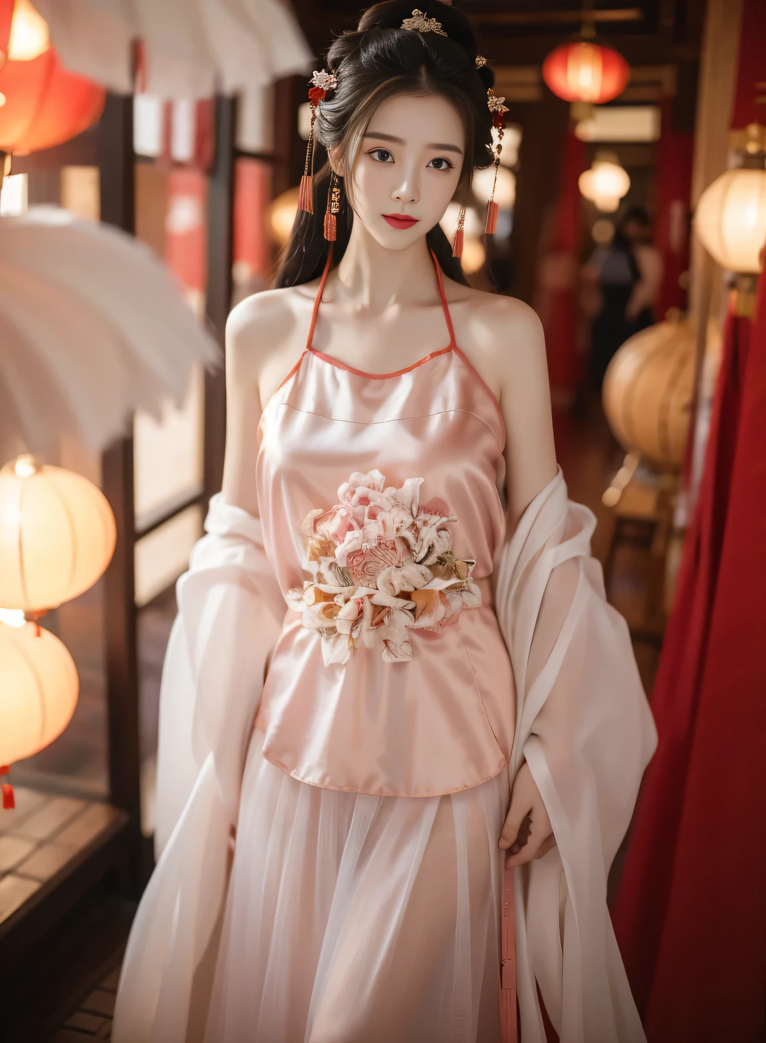 1 girl，(best quality, masterpiece:1.2), Super detailed，Solo selfie，Off-shoulder dress,Chinese Princess, (Pink belly pocket） ( Hanfu：1.3, )，daytime，Vision，Background Bokeh