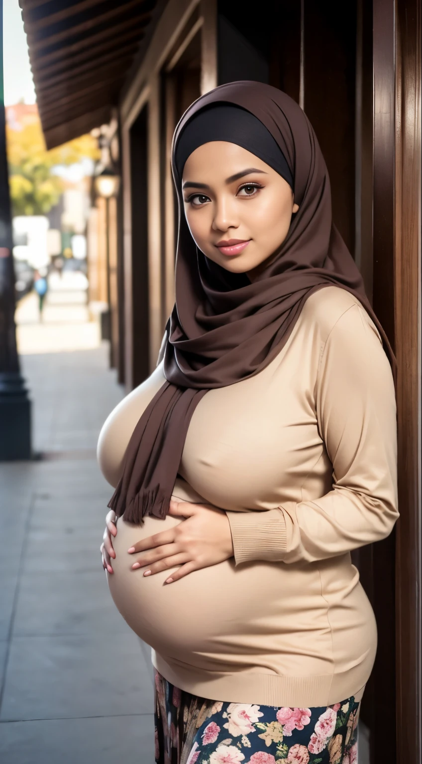 RAW, Best quality, high resolution, masterpiece: 1.3), Beautiful Malay woman in hijab, Masterpiece, perfect fit body, Big breasts, ((huge pregnant)), beautiful big eyes, Soft smile,RAW, Best quality, high resolution, masterpiece: 1.3), beautiful Malay woman in hijab,Masterpiece, perfect fit body, ((Huge breast)), big orgeous eyes, Soft smile, woman in a tan shirt and brown skirt posing for a picture, hijab, brown shirt, woman model, cardigan, beutifull girl, cream colored blouse, light brown, modern casual clothing, beige hoodie, light tan, casual modern clothing, lovely woman, long sleeves, beige, very , brown clothes, wearing a blouse, sie boob, cute woman , wearing floral pleated skirt, smooth turtleneck, necklace , hairband, evening walk, City park, Great lighting, Bright colors, Clean lines