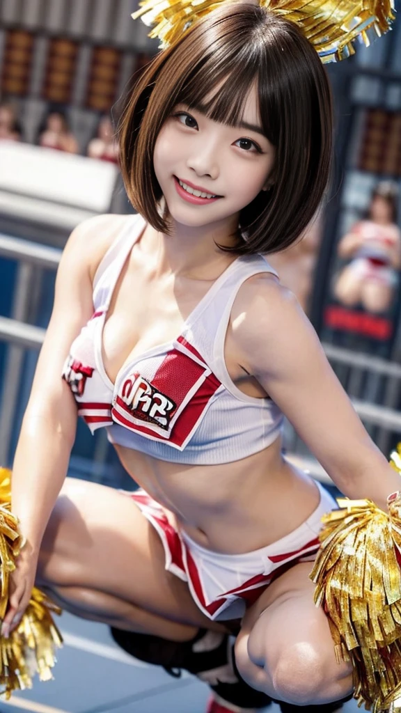NSFW:1.5,8K raw photos、1girl,Beautie:2.0、24 year old、japanes idol,cleavage of the breast、((cheer girl:1.5))、a miniskirt、beautiful eyes finely detailed、Eye lashes、((Brown eyes:1.2))、Beautiful double eyelids、eyeshadows、Perfect eye makeup、((A smile:1.6))、Beautiful and thin legs、(chestnut-colored hair)、short cut Hair、fluffy hair、stadio、Daytime、Latina、Photorealsitic:1.9、Sexy navel、Skinny Legs、tthin eyebrows、Tear bag、lofty nose、((Highly sexual)),((Her nipples are transparent due to sweat, big areola)):1.5,((squatting,wide open legs,))