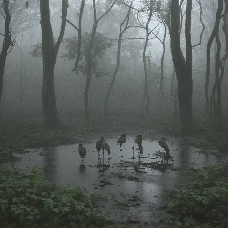 The sky was gloomy and it was drizzling. A group of lost birds were wandering in the woods, full of sadness.