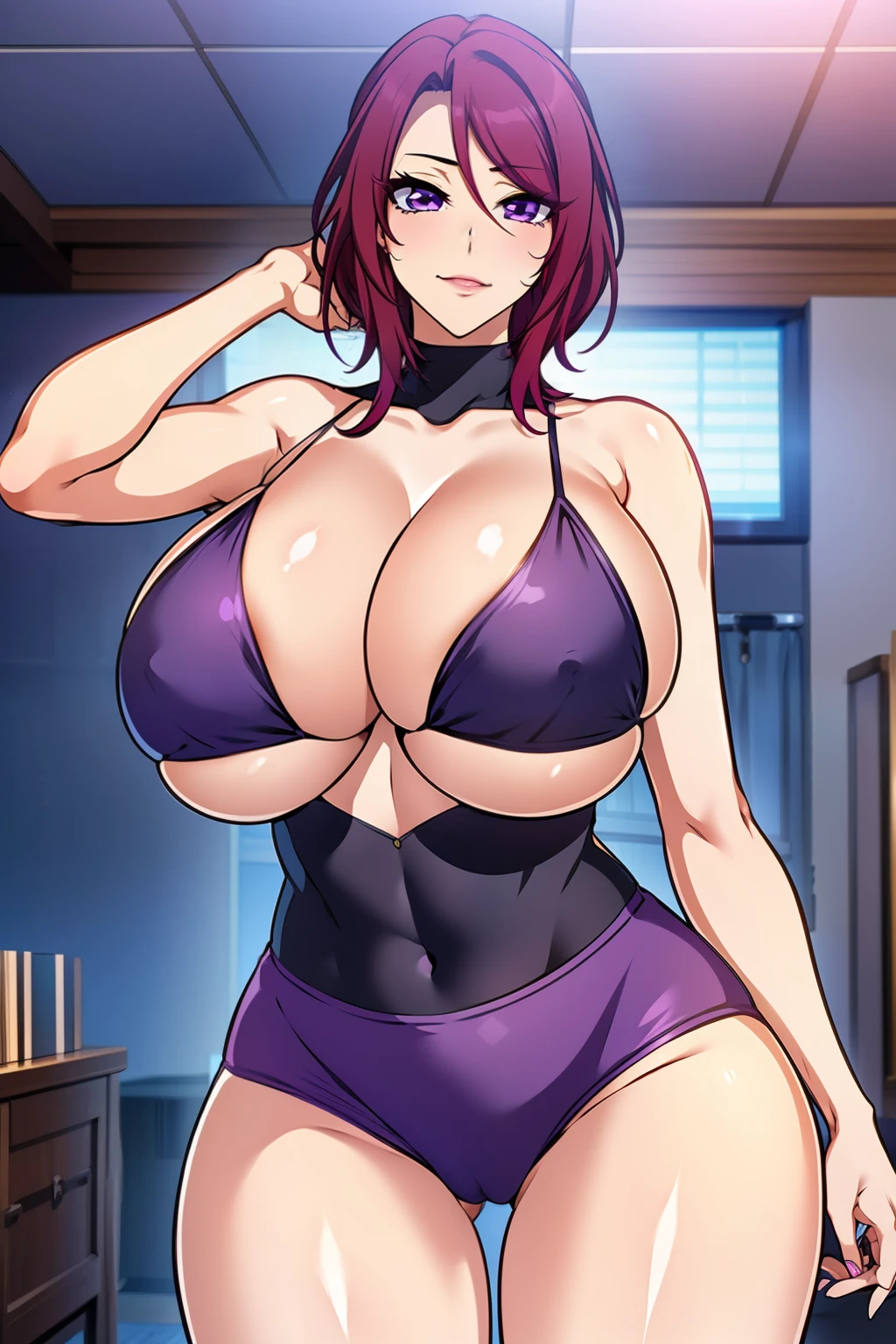 An anime-style artwork depicting Yoshioka_Maki from the game mesukyoshi4l.
Tags: Yoshioka_Maki, anime, detailed eyes, detailed lips, ass, bare shoulders, crop top, turtleneck, mini skirt, long hair, solo, huge breasts, (violet eyes), smiling expression, intense gaze, dynamic pose, indoor, palace, vibrant colors, digital art, high-resolution, professional quality, gigantic breasts, (underboob : 1.4), curvy, cowboy shot, (gigantic breasts: 1.4),
