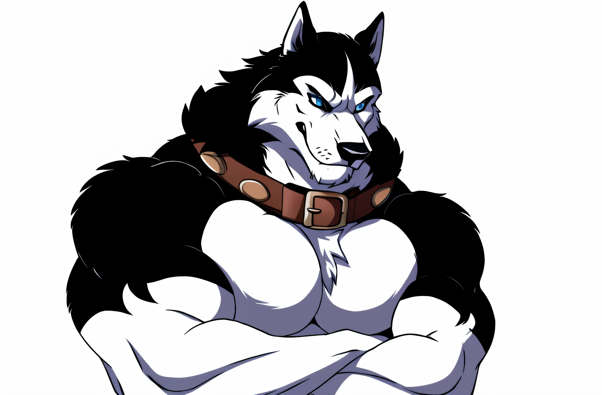 alaskan malamute, masculine, male, anthro, very muscular:1.5, tight muscles:1.2, well defined muscles:1.2, pectorals:1.5, muscular arms, wide chest, muscular chest, wfa style, detailed eyes, white background, proud, serious expression, arms crossed, blue eyes, collar, detailed collar