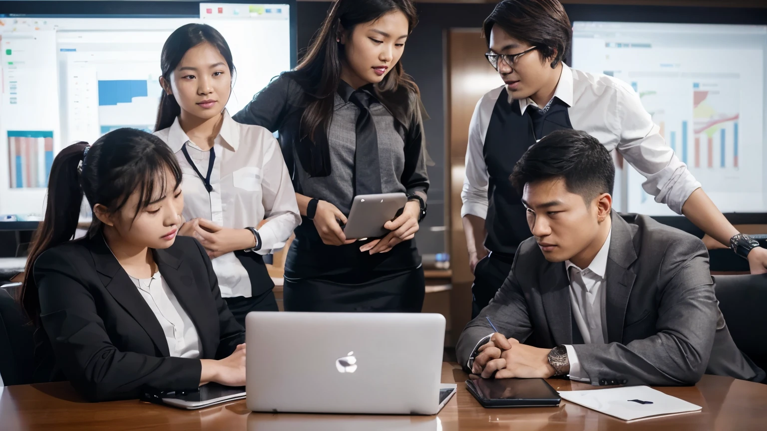 Several Asians gathered around. Laptop in conference room, On a dark background, Interesting background, High quality images, professional image, people at work, throng, Everyone has fun., Portrait, colleague, thumbnail, High quality images, Hot photos of 2019, special, transparent background, Edited, high resolution, high resolution
