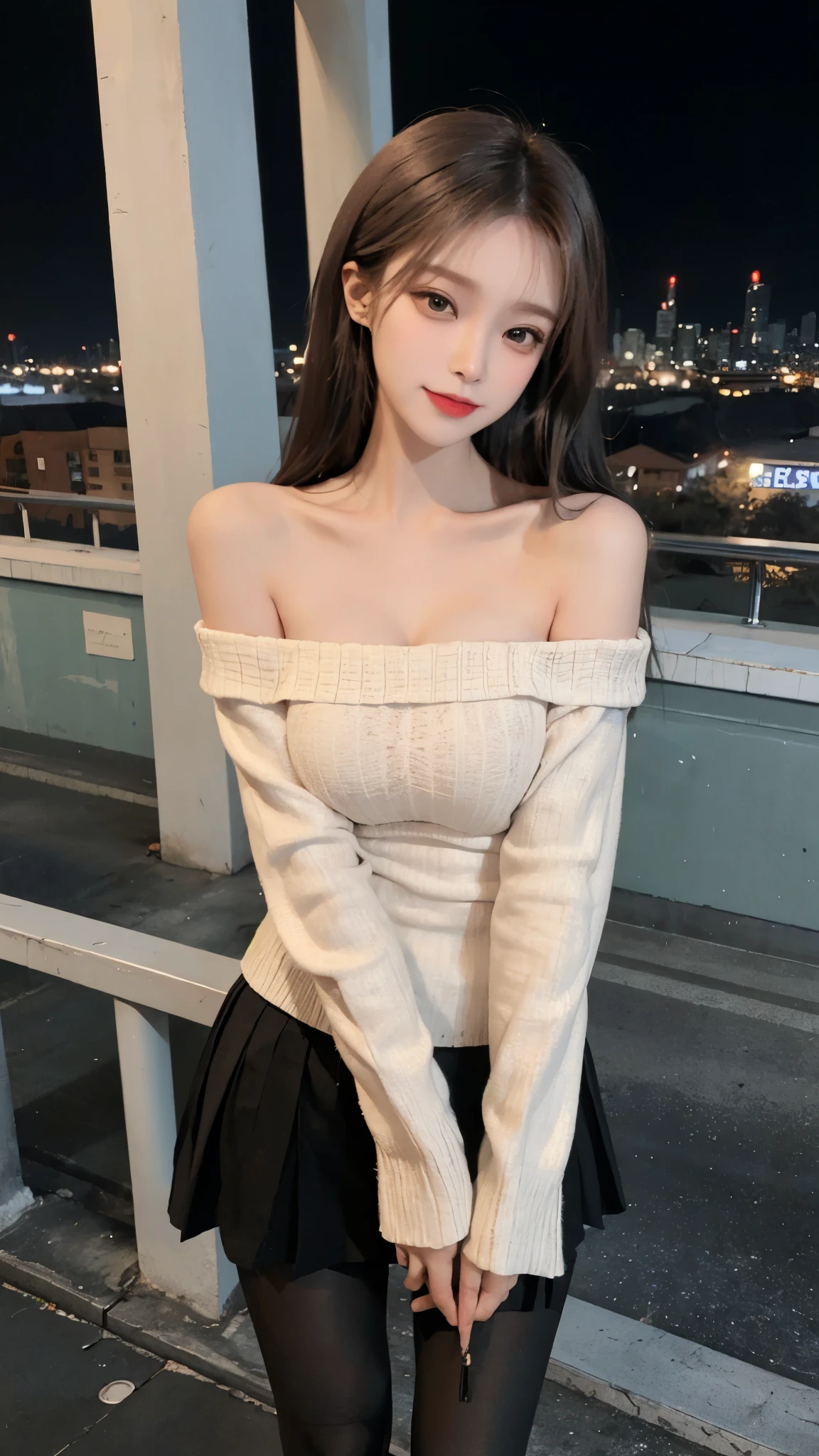A beautiful Chinese girl wearing an off-shoulder white sweater dress and black pantyhose,Height 160,Weight 45kg,Perfect body,fairer complexion,Oval face,Deep facial features,Long brown hair,A confident smile,A little blush on face,light pink eyeshadow,night time,Posing against the railing on the observation deck,Realistic style,masterpiece