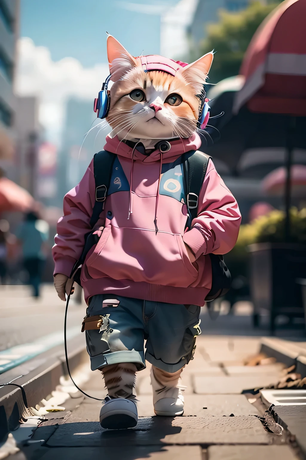 HDR,UHD,8K,Highly detailed,realistic,photo-realistic:1.37, best quality, masterpiece, maomi, pink, standing, solo,full body, **ddler, wearing headphones, citypop