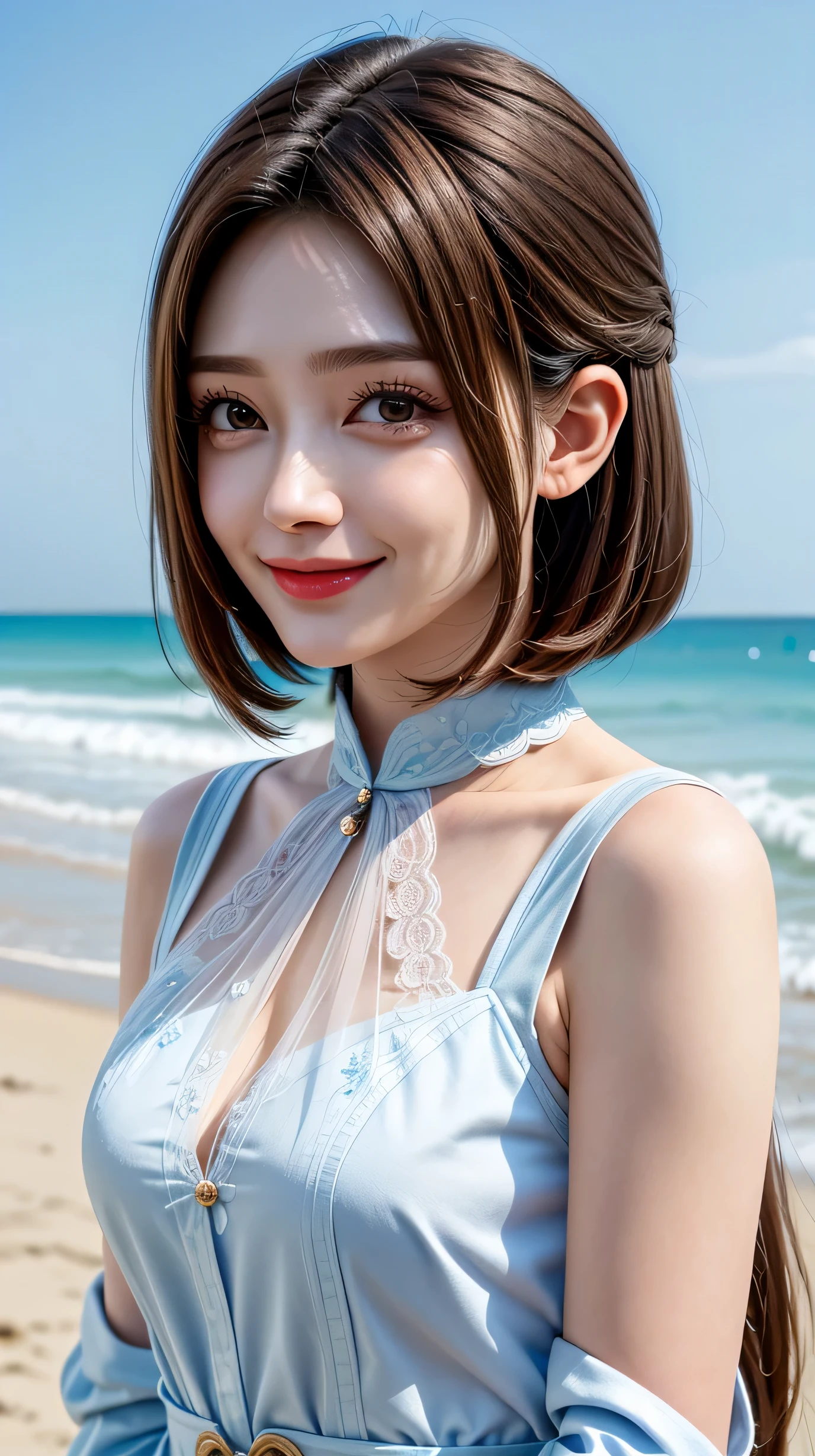Please keep looking at me、Bright screen、light brown medium bob hair、8K、outdoor、blue sky、Upper body、Photographed alone、40 years old、smile