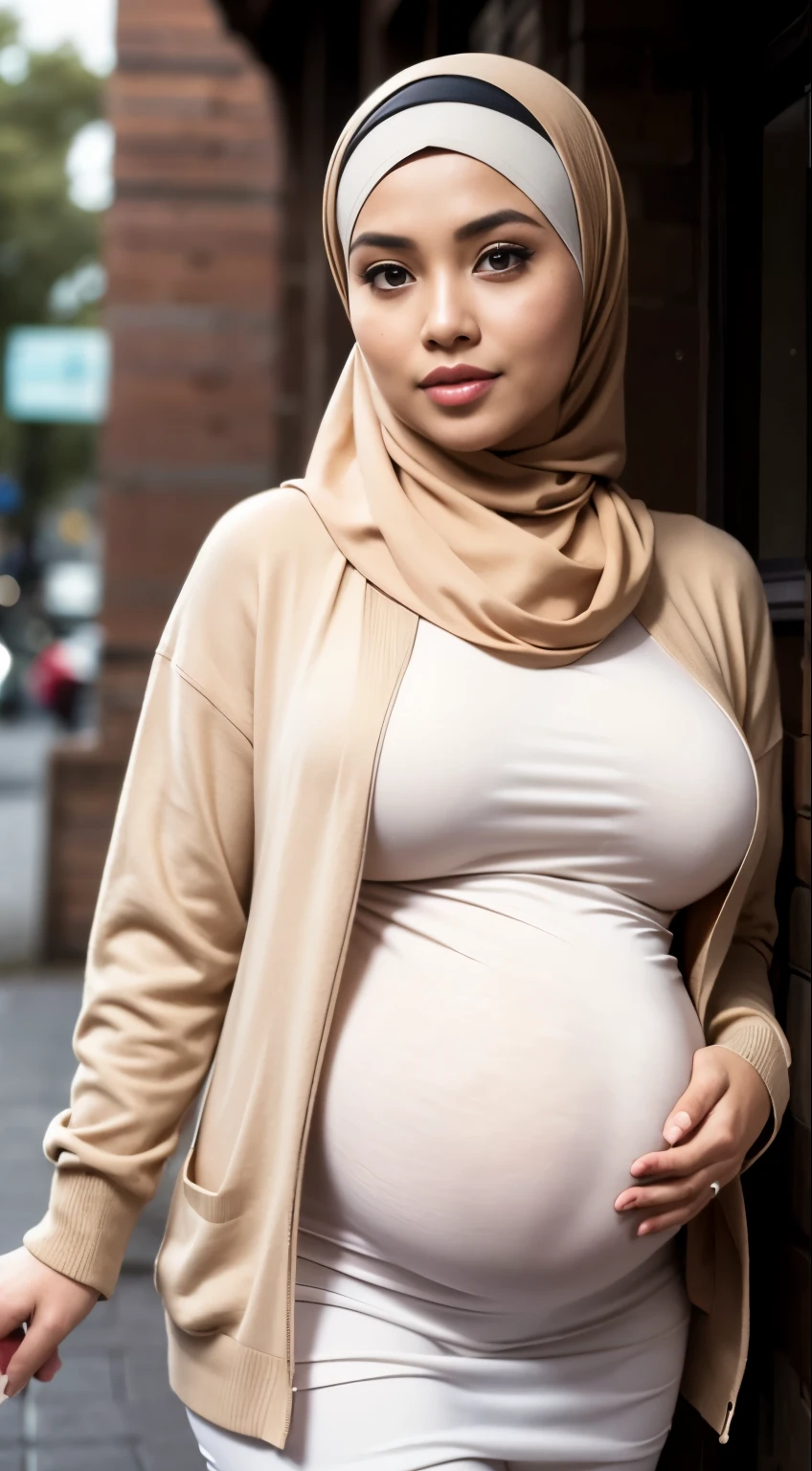 RAW, Best quality, high resolution, masterpiece: 1.3), Beautiful Malay woman in hijab, Masterpiece, perfect fit body, Big breasts, ((huge pregnant)), beautiful big eyes, Soft smile,RAW, Best quality, high resolution, masterpiece: 1.3), beautiful Malay woman in hijab,Masterpiece, perfect fit body, ((Huge breast)), big orgeous eyes, Soft smile, woman in a tan shirt and brown skirt posing for a picture, hijab, brown shirt, woman model, cardigan, beutifull girl, cream colored blouse, light brown, modern casual clothing, beige hoodie, light tan, casual modern clothing, lovely woman, long sleeves, beige, very , brown clothes, wearing a blouse, sie boob, cute woman , wearing floral pleated skirt, smooth turtleneck, necklace , hairband, evening walk, City park, Great lighting, Bright colors, Clean lines