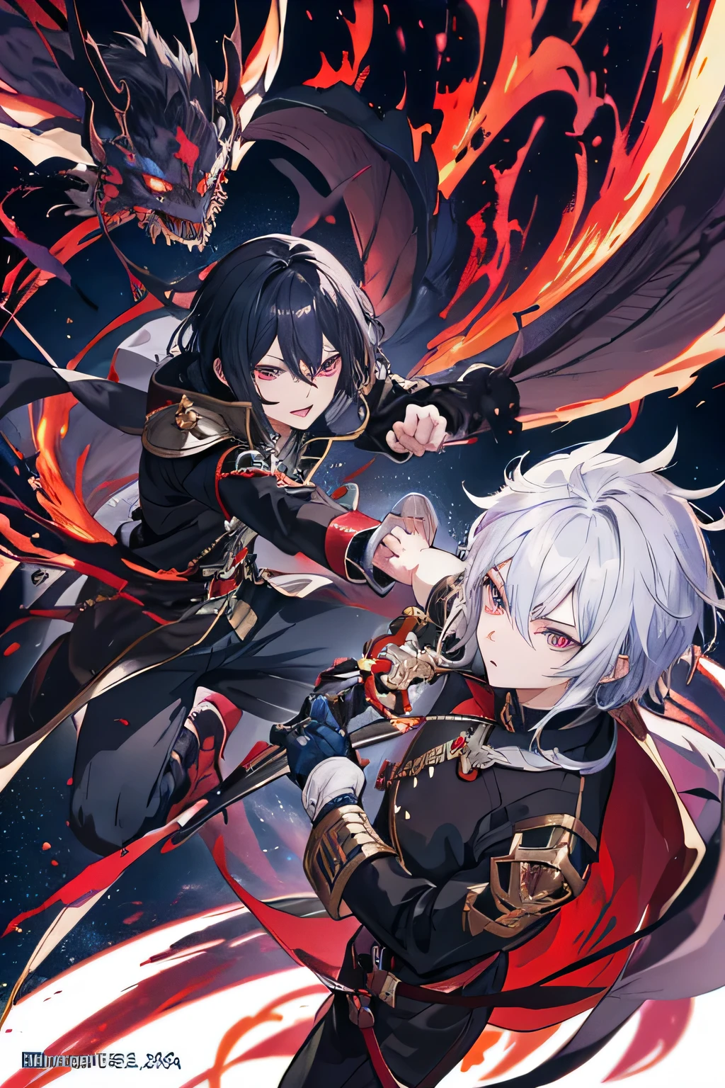 top-quality、masterpiece、((Deformed))、Boy with short purple hair、Green eyes、demonic horns、red cloak、Composition that reflects the whole body、combat pose、Thumbnail image、Blue background