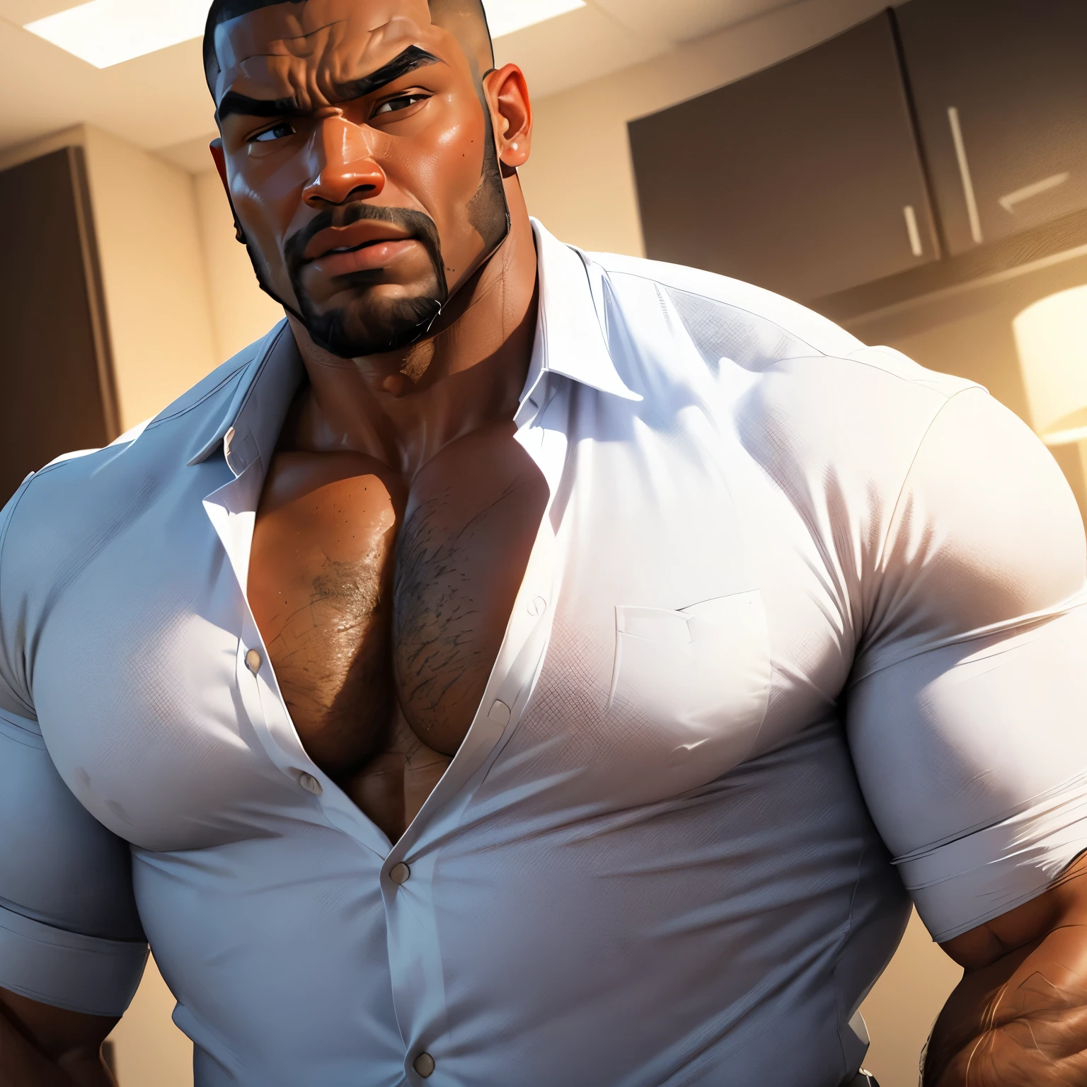 an exaggeratedly muscular and large bodyguard, beefy build, beard, dark-skinned african american male, buzzcut hair with square line, (surprised expression: 1.2), (wearing unbuttoned white business shirt: 1.2), open shirt, small name tag on shirt, (bara pecs: 1.3), (arm and chest hair: 1.1), close-up portrait HD, (grungy cluttered apartment interior)