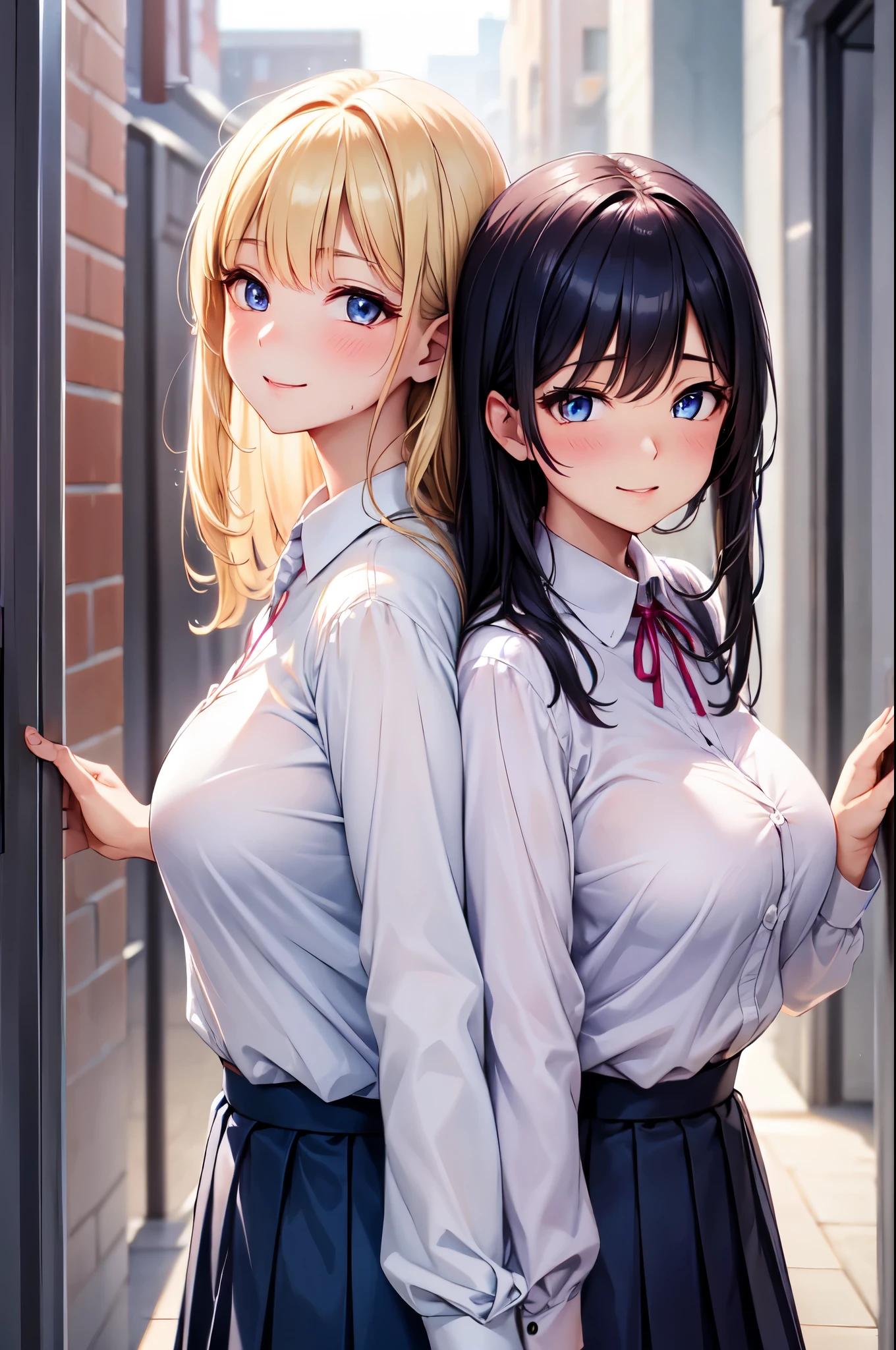(High quality, High resolution, Fine details), (standing back to back), BREAK White blouse, (Two curvy women), symmetry, BREAK Dark blue pleated skirt, sparkling eyes, (Detailed eyes:1.2), smile, blush, Sweat, Oily skin, Soft tones, shallow depth of field
