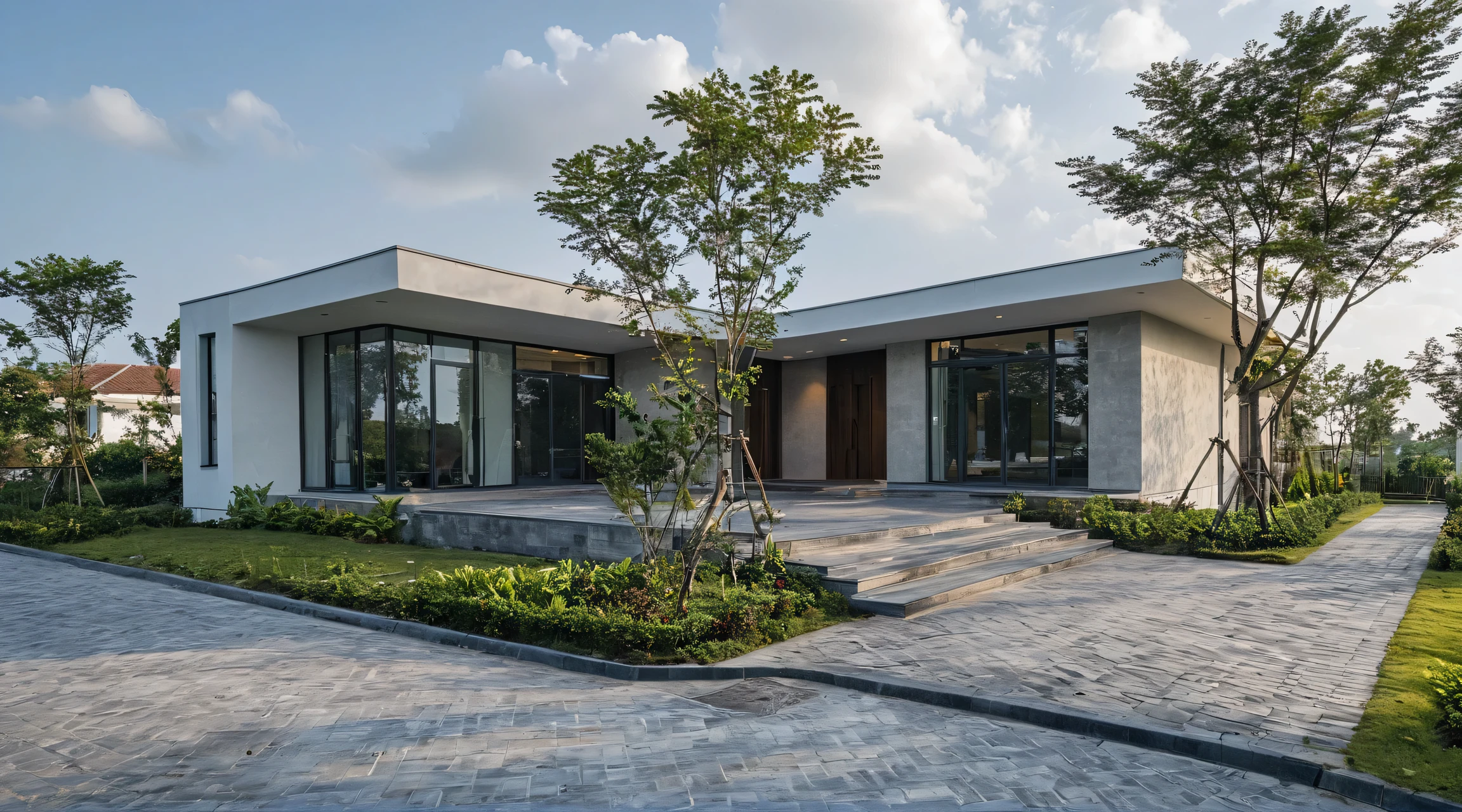 Raw photo,Masterpiece, high quality, best quality, authentic, super detail, 16k uhd, 50mm focal length, sharp focus, canon 6d, wide angle
outdoors, onestoreyvillaXL, villa, aiaigroup, house style modern on the street ,stairs, white wall, contemporary architecture, glass handrails, glass doors, timber, cars
road,pavement, grass, trees, sky, cloud, (daylight:1.1), sidewalk, sidewalk trees, plant and trees, lush landscape