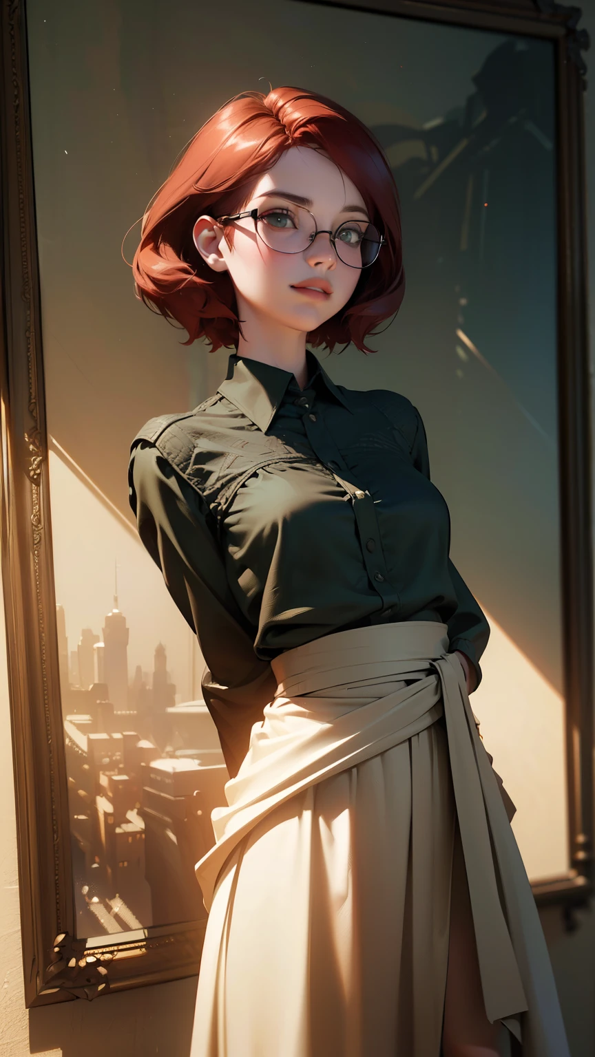 Best quality, masterpiece, (photorealistic:1.4), 1 girl, Short, Red hair, green eyes, metal frame glasses, smile, collared shirt, above the waist, Dramatic lighting, from below. ((elegance. photorealism. Unreal engine. 3d model. Ultra high quality textures. High detail. 8k resolution))