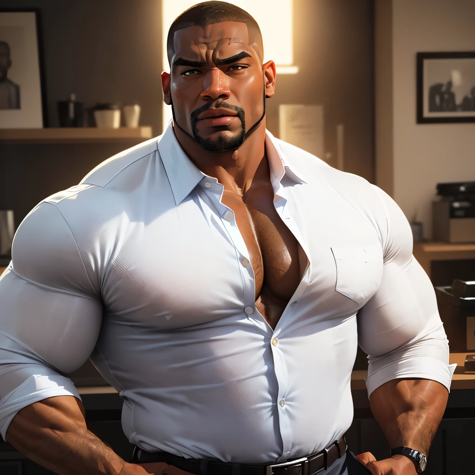 an exaggeratedly muscular and large bodyguard, beefy build, beard, dark-skinned african american male, buzzcut hair with square line, (surprised expression: 1.2), (wearing unbuttoned white business shirt: 1.2), open shirt, small name tag on shirt, (bara pecs: 1.3), (arm and chest hair: 1.1), close-up portrait HD, (grungy cluttered apartment interior)
