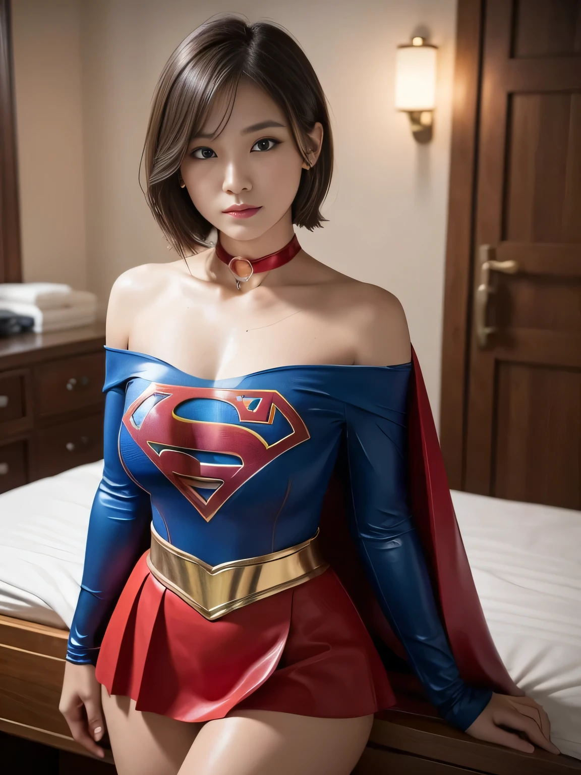 masterpiece、Supergirl Costume、short hair、barefoot、Big and ample breasts、Research Room、operating table、oil massage、Oily Skin、Shiny、Look at the camera、Sexy poses to seduce、Model Body Type、choker、Long sleeve、Red mini skirt、Cowgirl、Estrus、Sweaty、Radical、Off the shoulder、Alluring、charm、Enchanting、Fascinating、abused、