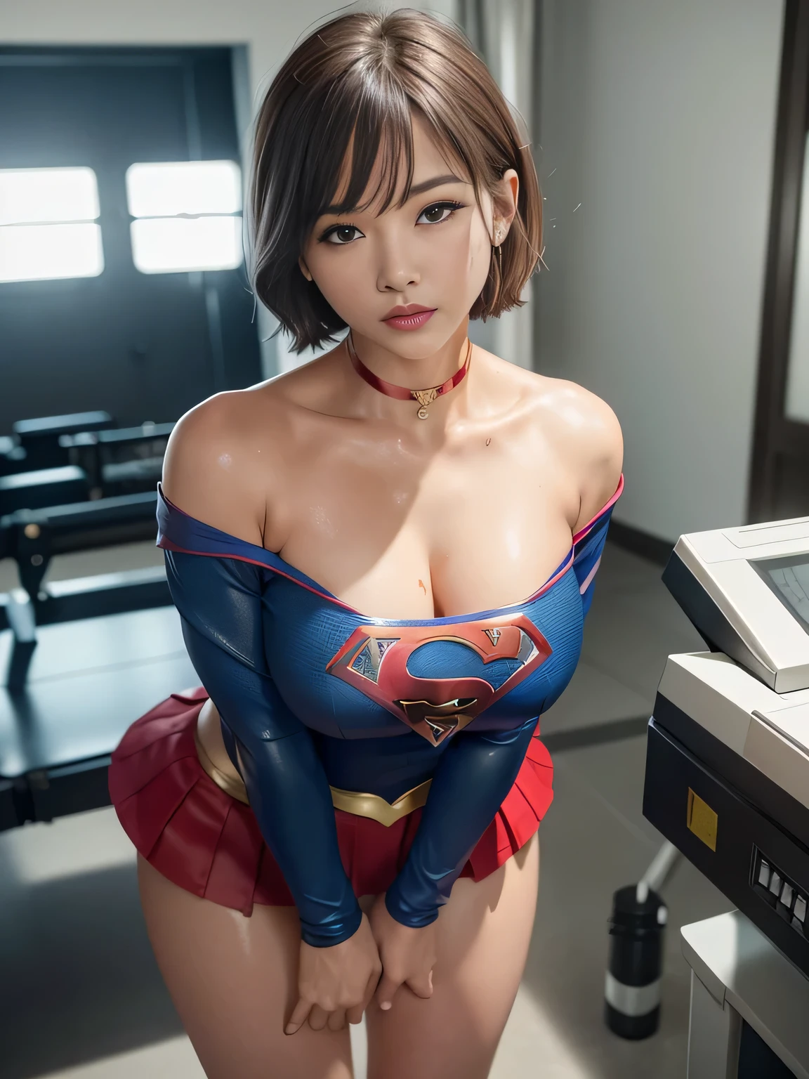 masterpiece、Supergirl Costume、short hair、barefoot、Big and ample breasts、Experimental facilities、operating table、Pilates、Oily Skin、Shiny、Look at the camera、Sexy poses to seduce、Model Body Type、choker、Long sleeve、Red mini skirt、Cowgirl、Estrus、Sweaty、Radical、Off the shoulder、Alluring、abused、charm、Fascinating、